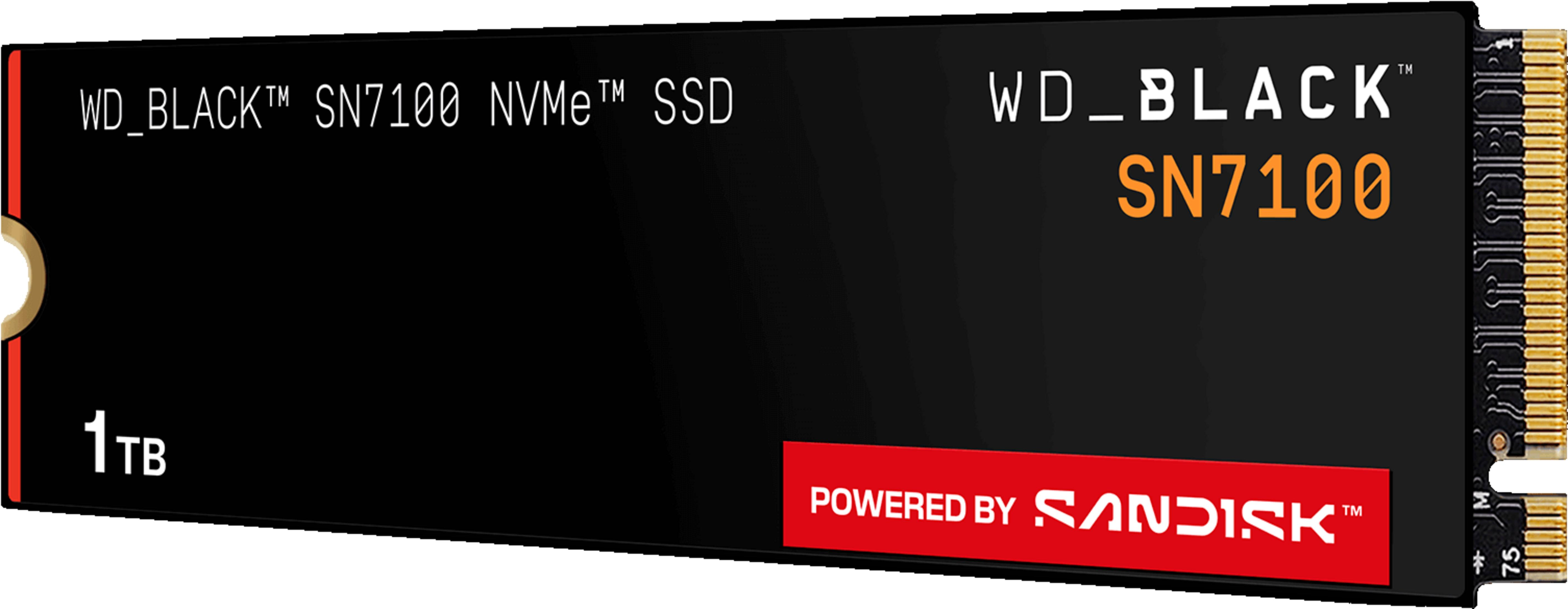 Czarny dysk SSD M.2 1TB, WD_BLACK SN7100, zasilany przez SanDisk.