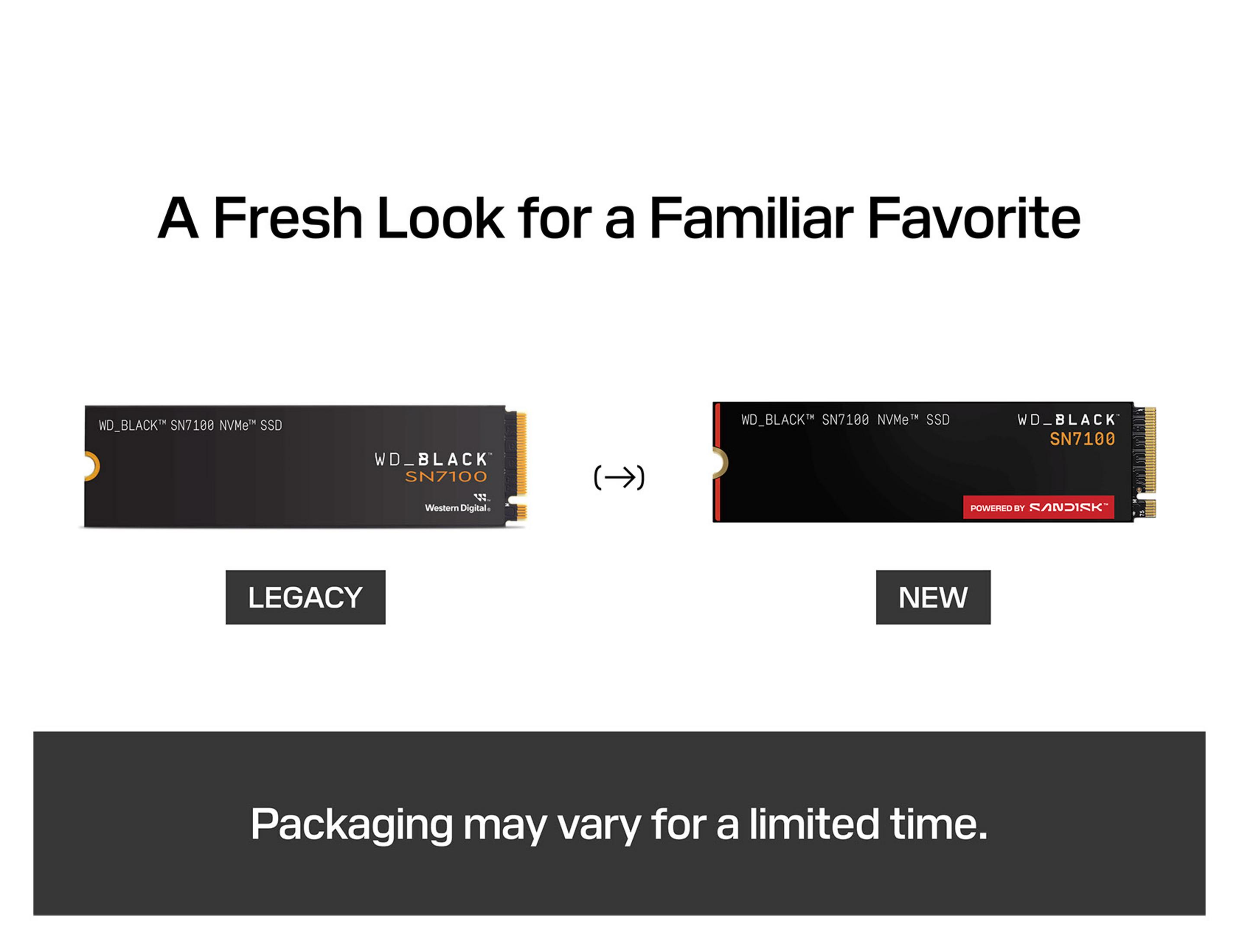 Dwa dyski SSD WD_BLACK SN7100 NVMe: Legacy i Nowy. Poniżej: Opakowanie może się różnić.