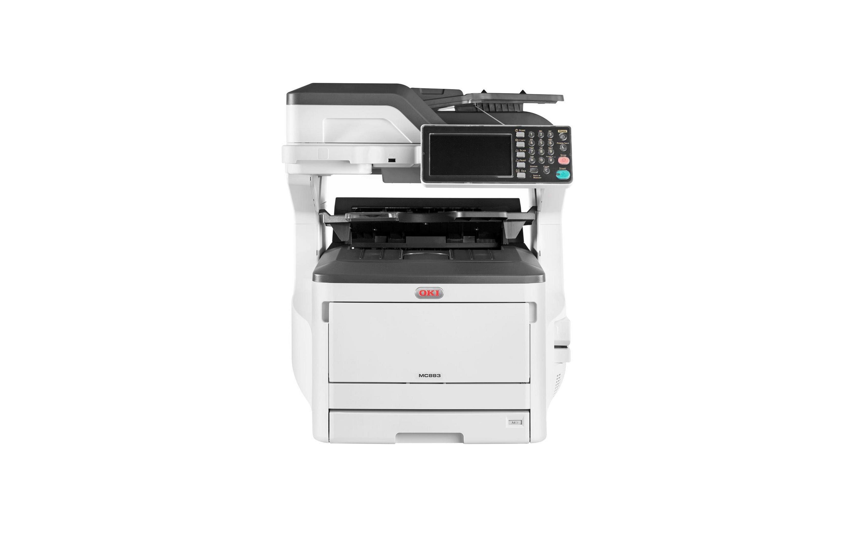 Una impresora OKI MC883 blanca con panel de control digital y botones.