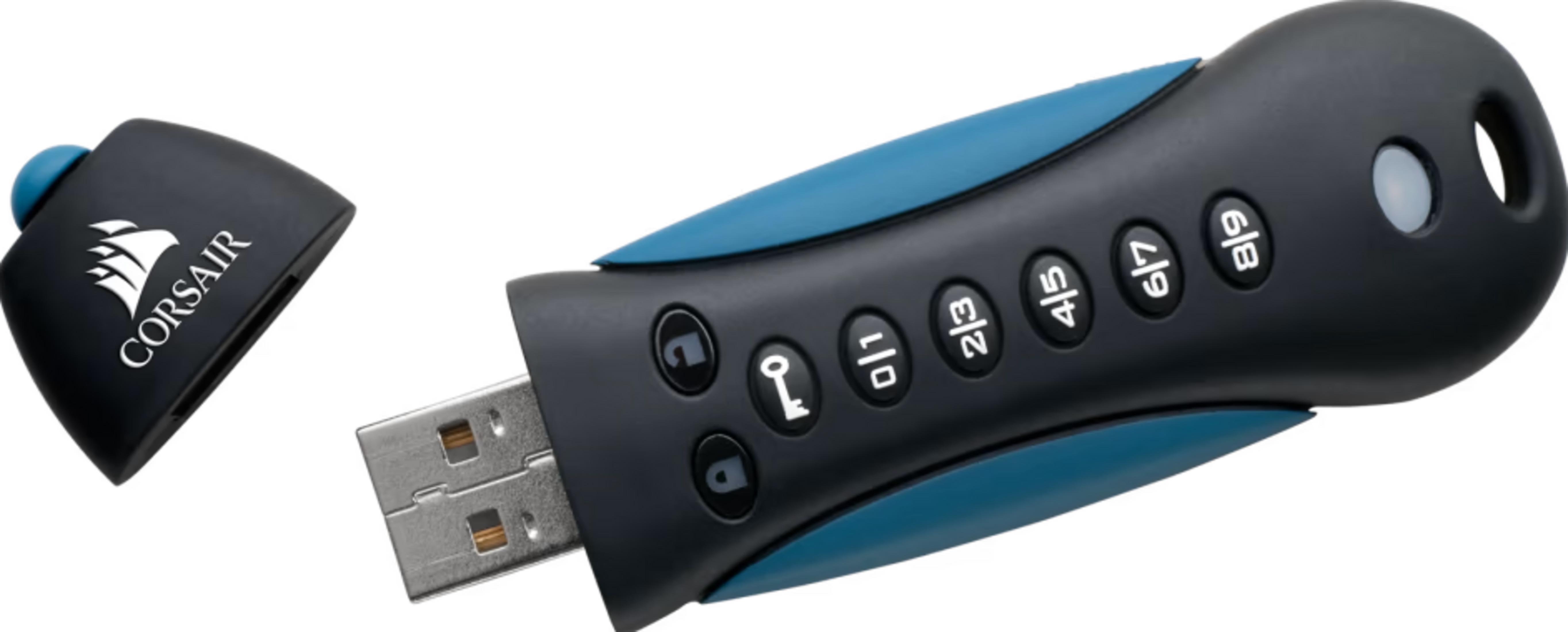 Een zwarte Corsair USB-stick met blauwe accenten en knoppen.