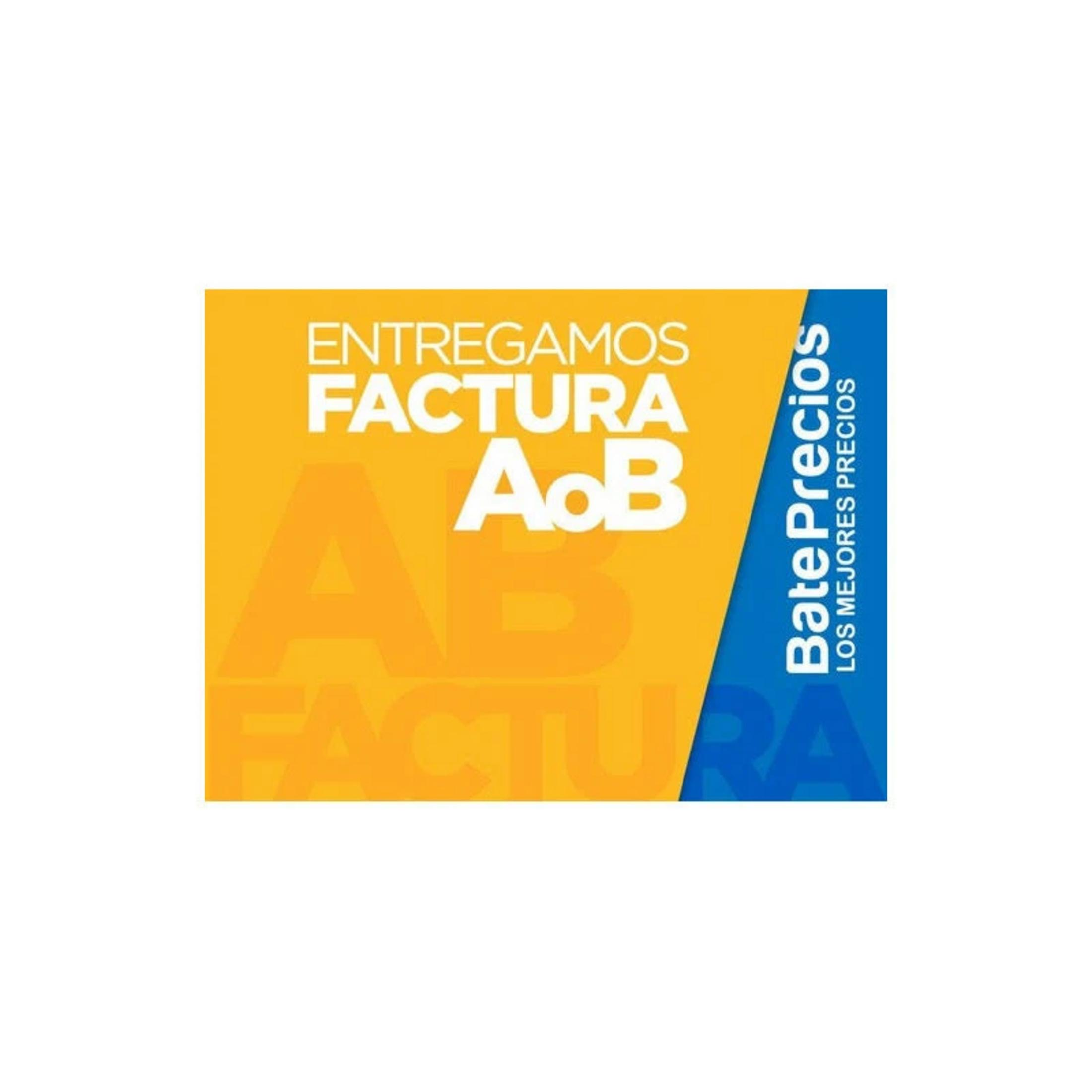 Area gialla con testo bianco 'ENTREGAMOS FACTURA AoB'. Striscia blu a destra con testo bianco.