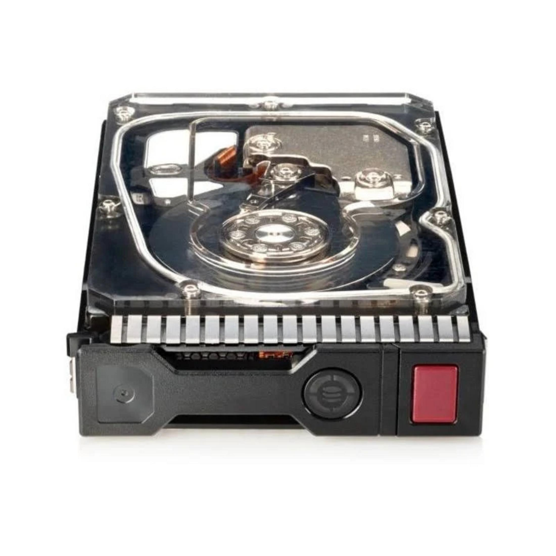 A hard drive with a clear casing, silver components, and a black housing.