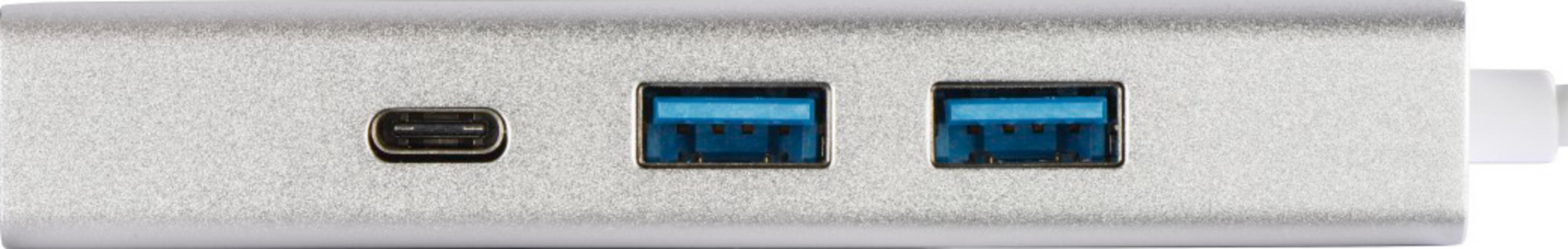 Ein silberner USB-C-Hub mit einem USB-C-Anschluss und zwei USB-A-Anschlüssen.