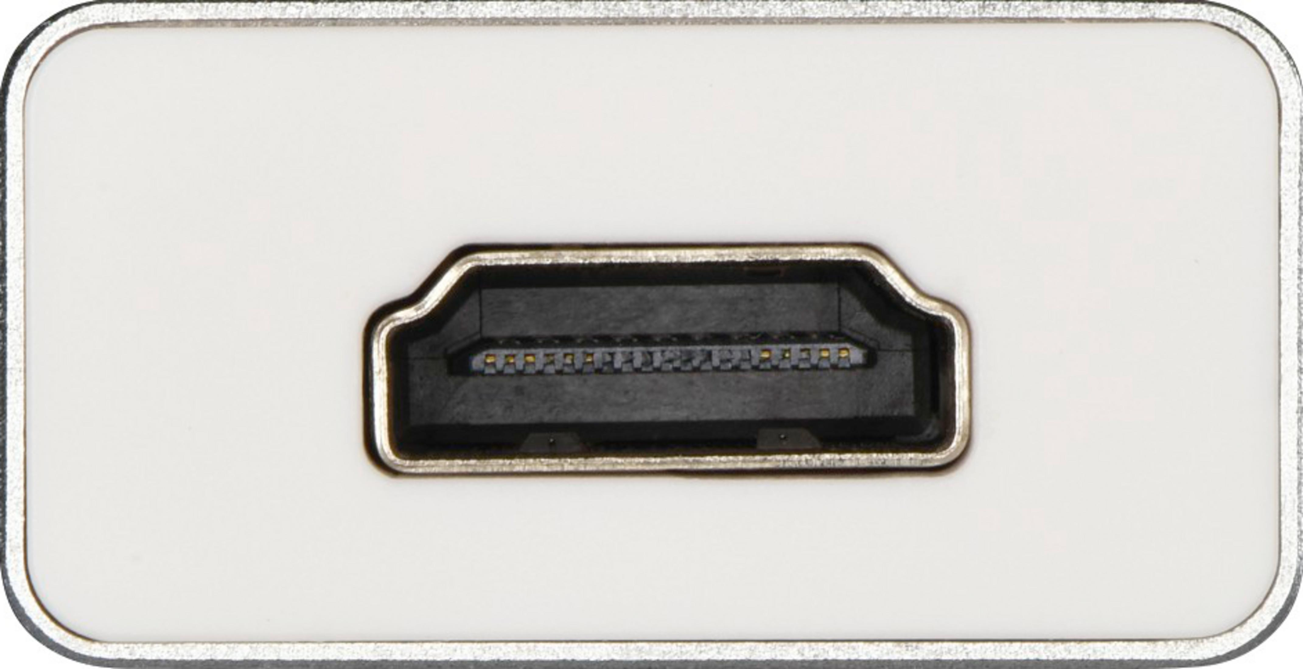 Ein HDMI-Anschluss mit silbernem Gehäuse und schwarzen Kontakten.