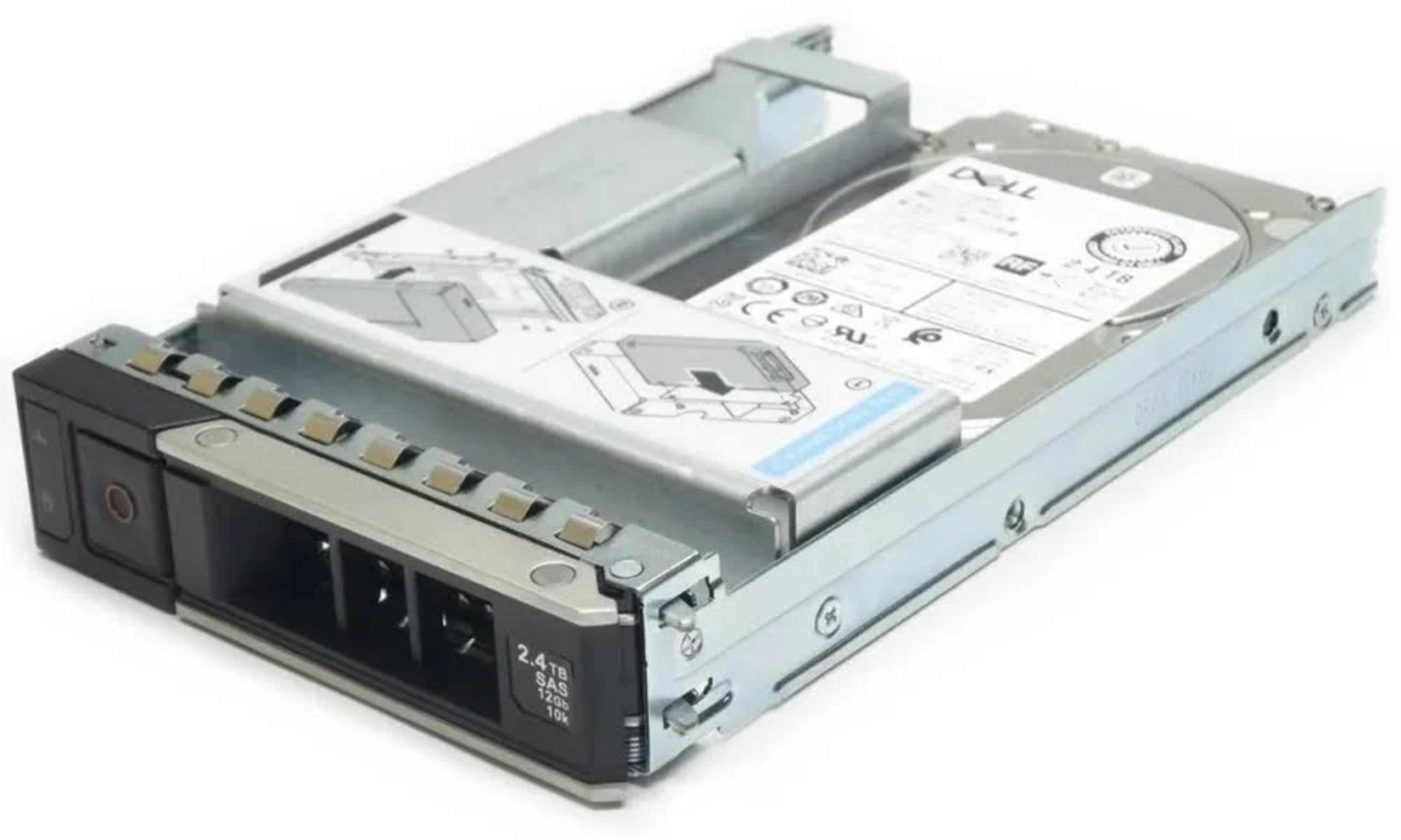 Ein Dell 2,4 TB SAS Festplattenlaufwerk in einem silbernen Gehäuse.
