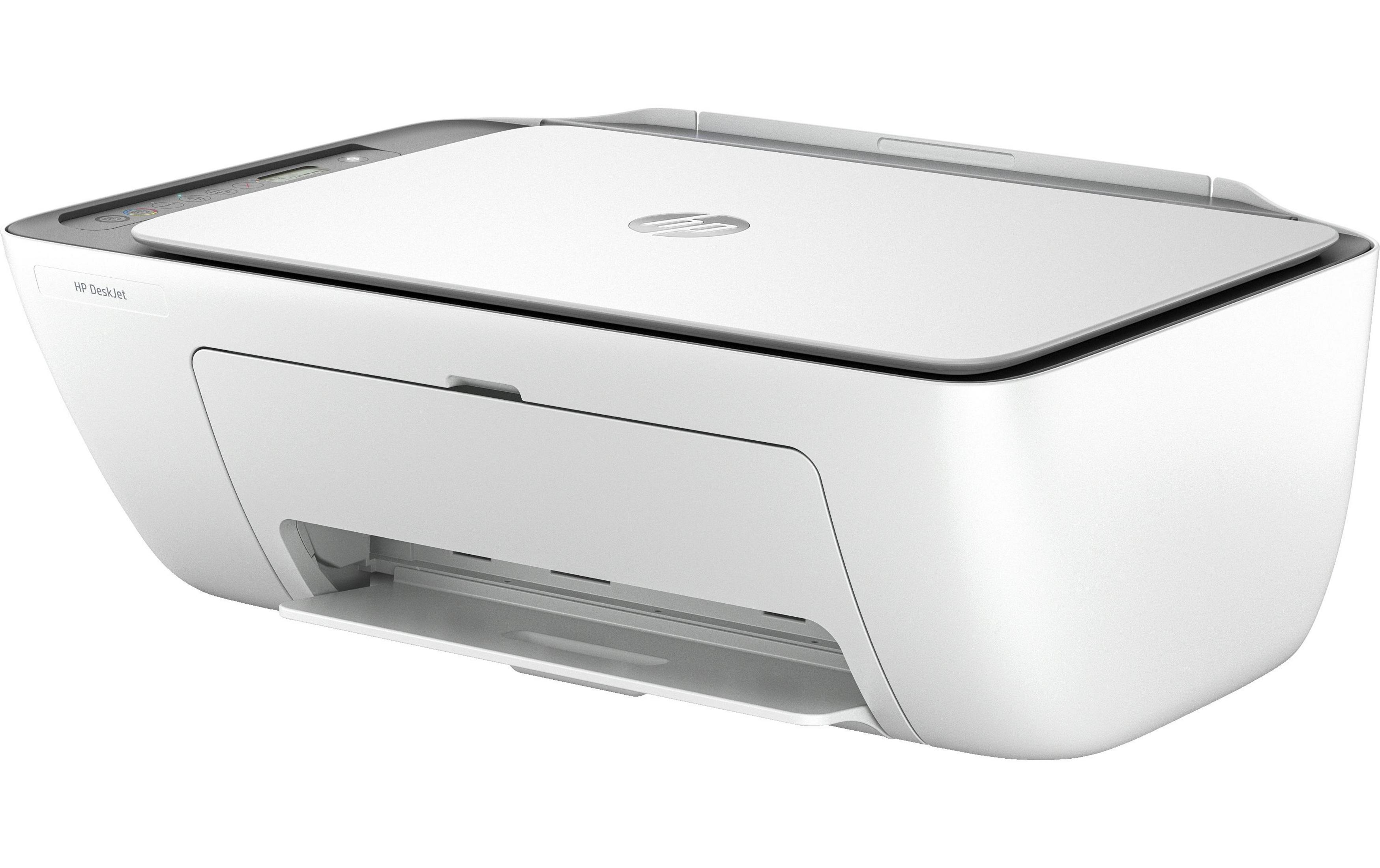 Una impresora HP DeskJet blanca con la bandeja de salida extendida.