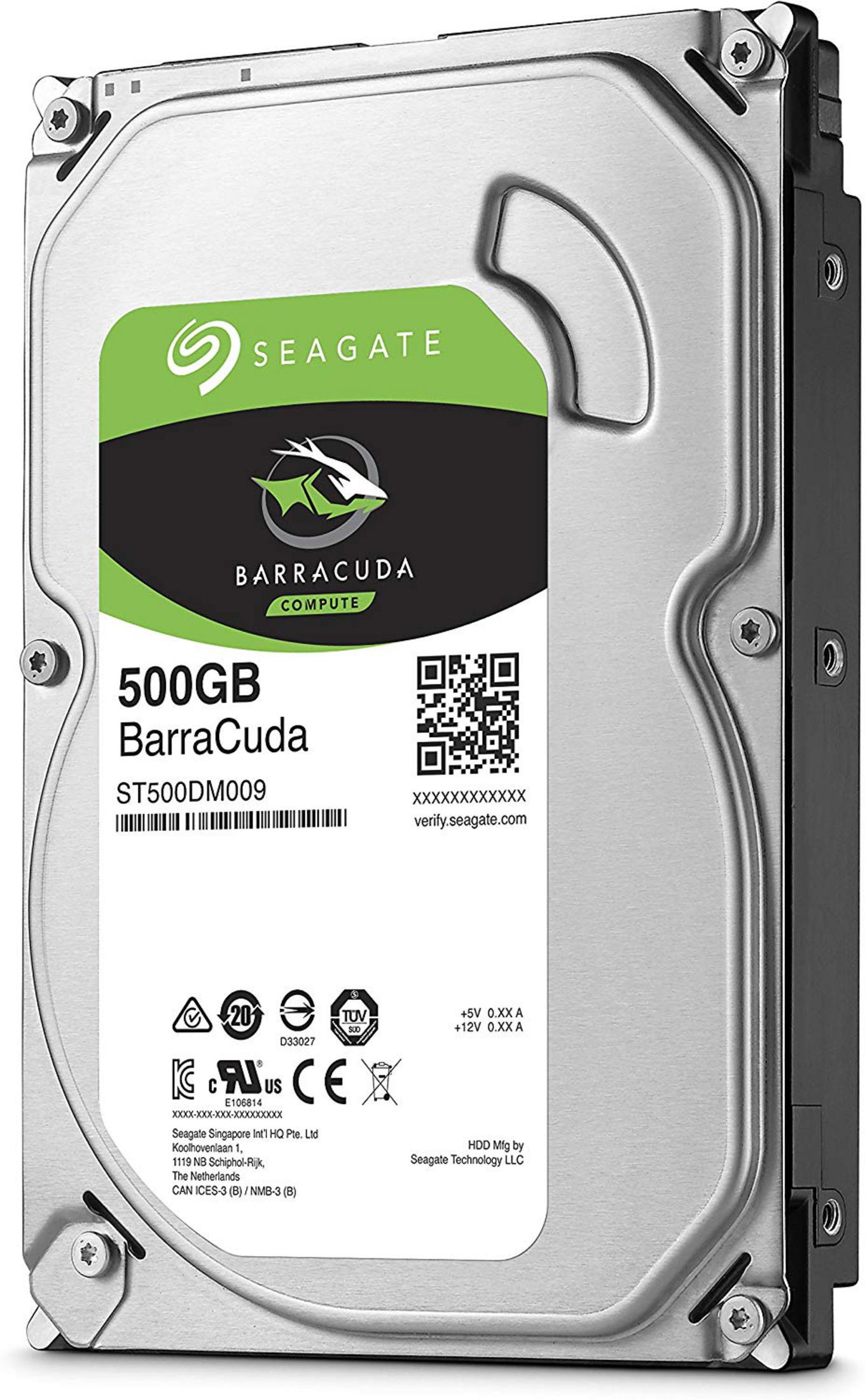 Hard disk interno Seagate BarraCuda da 500 GB con codice QR e loghi.