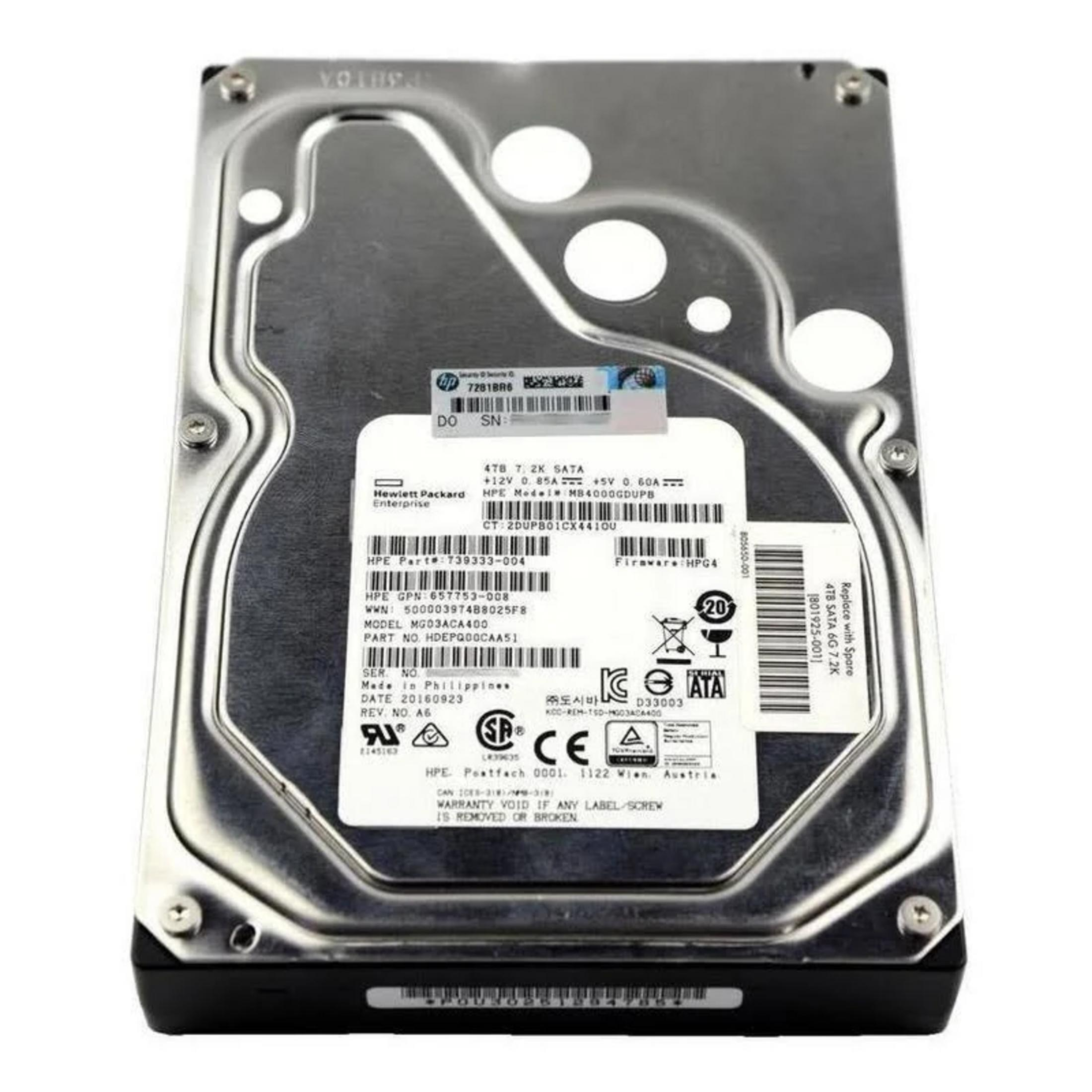 A silver and black 4TB hard drive with multiple labels and details.