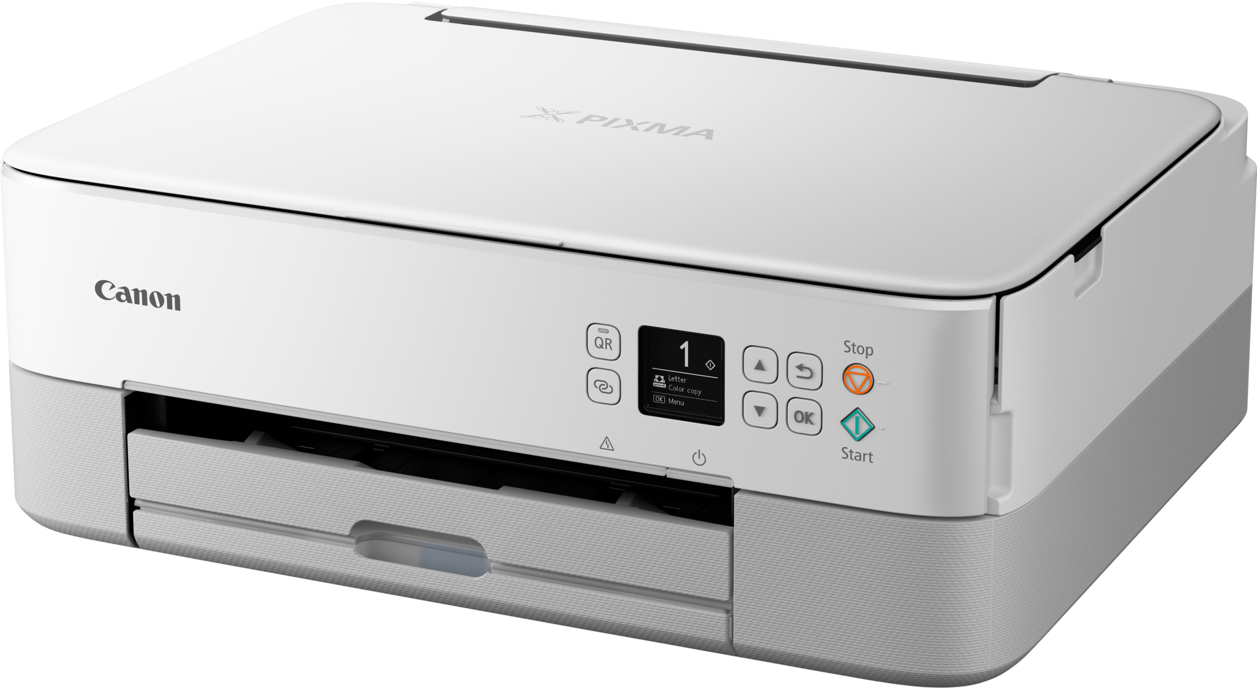 Biała drukarka Canon Pixma z małym ekranem i przyciskami sterującymi.