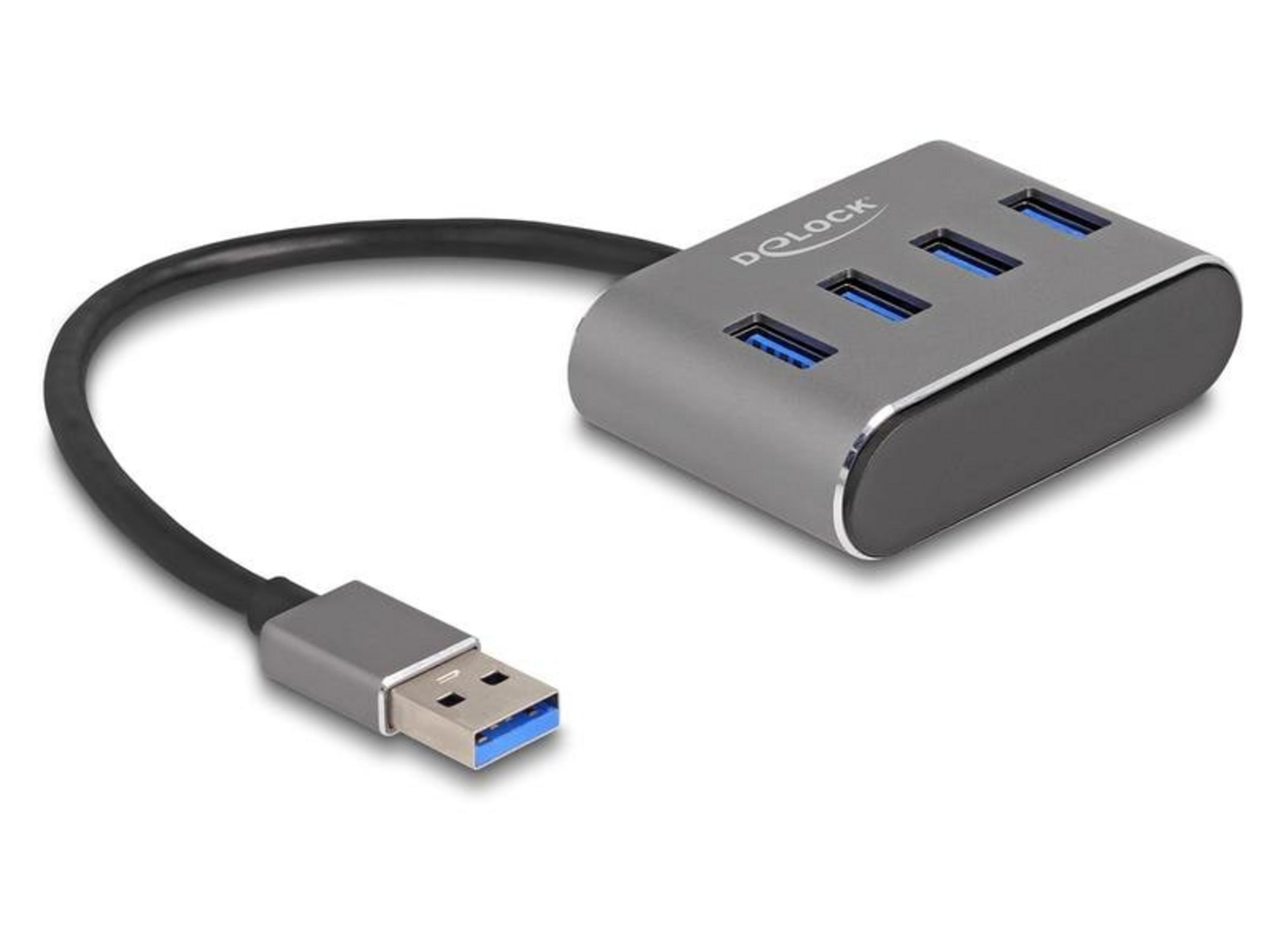 Hub USB grigio con quattro porte blu e cavo nero.