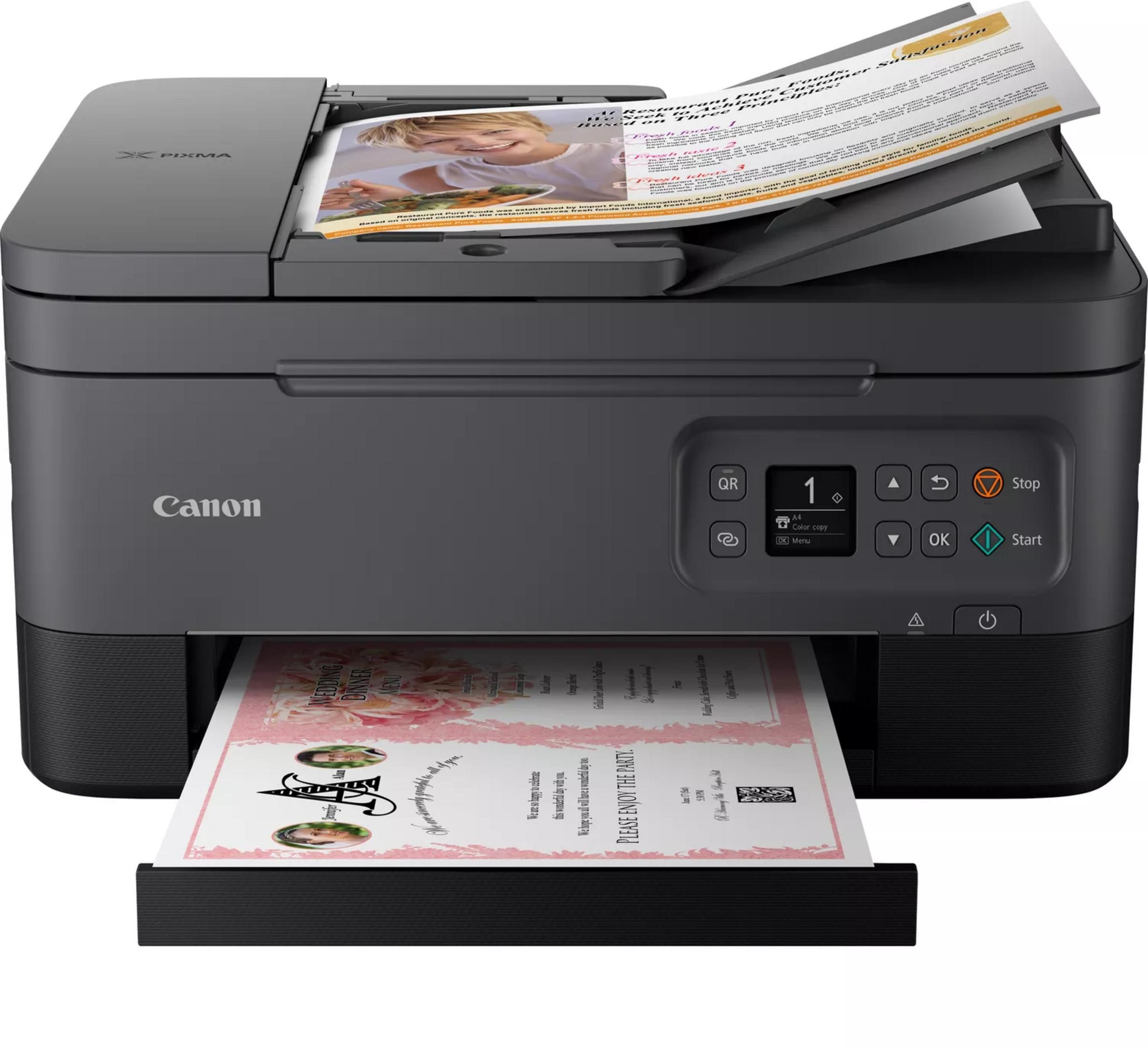 Una stampante Canon Pixma nera stampa un menu di matrimonio e un documento con una ragazza sorridente.