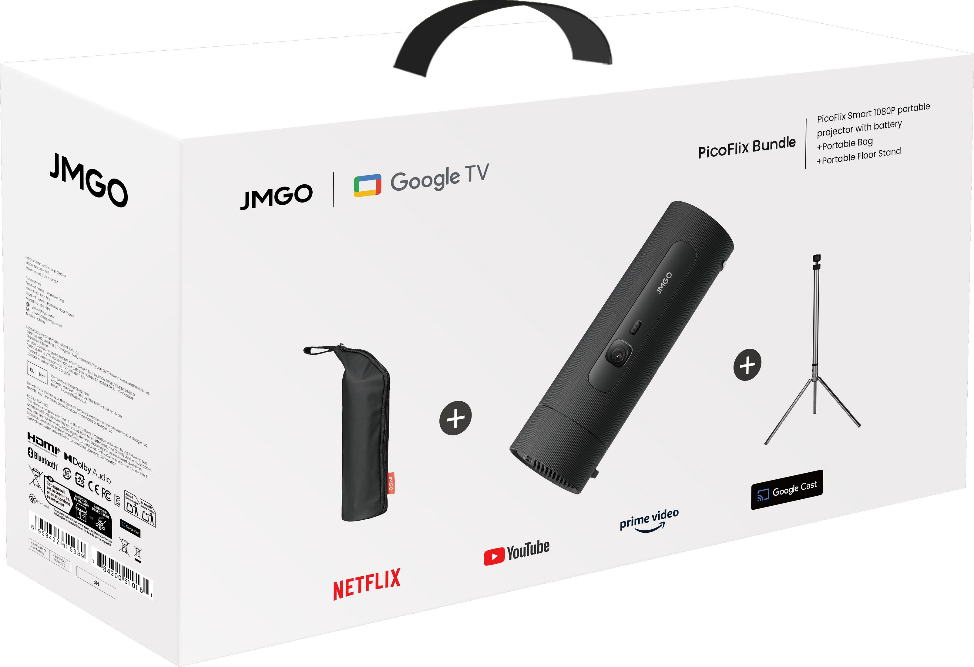 JMGO PicoFlix Bundle mit Projektor, Tasche und Stativ auf weißem Karton.
