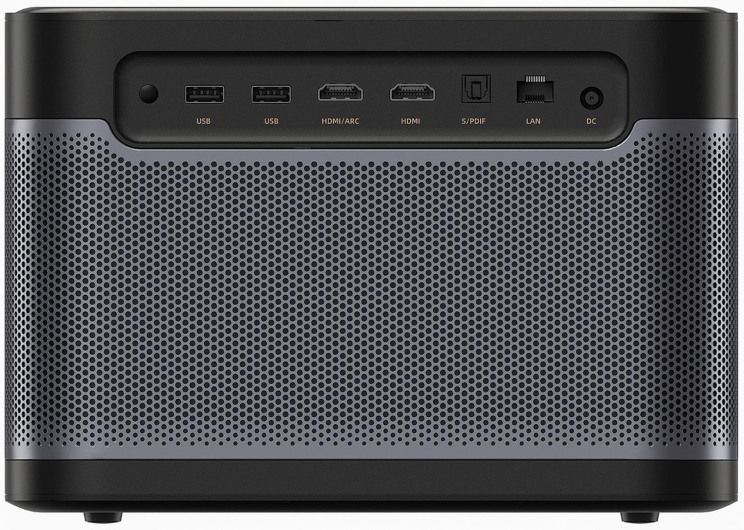 Rückseite eines schwarzen Geräts mit Anschlüssen: 2x USB, HDMI/ARC, HDMI, S/PDIF, LAN, DC.