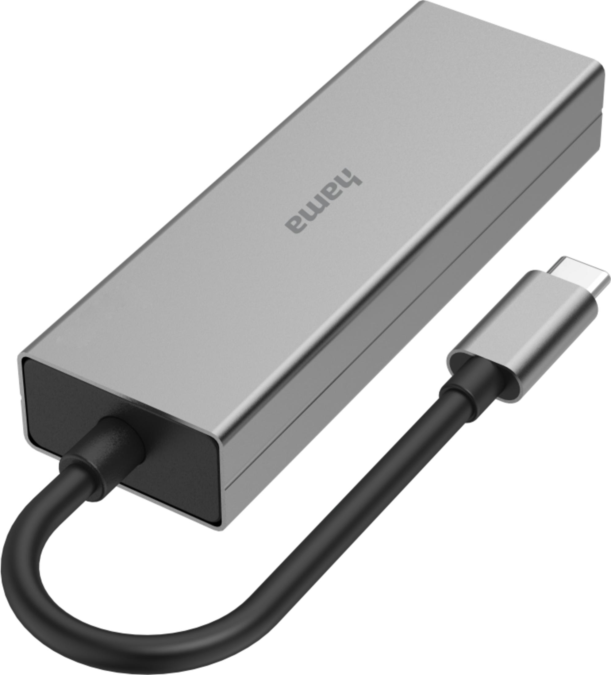 Srebrny adapter USB-C z czarnym kablem i złączem.