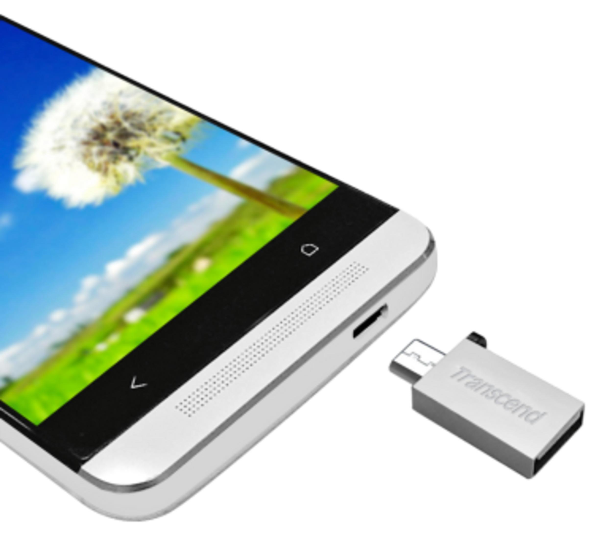 Ein Smartphone mit einem Dandelion-Hintergrundbild daneben ein silberner USB-Stick.
