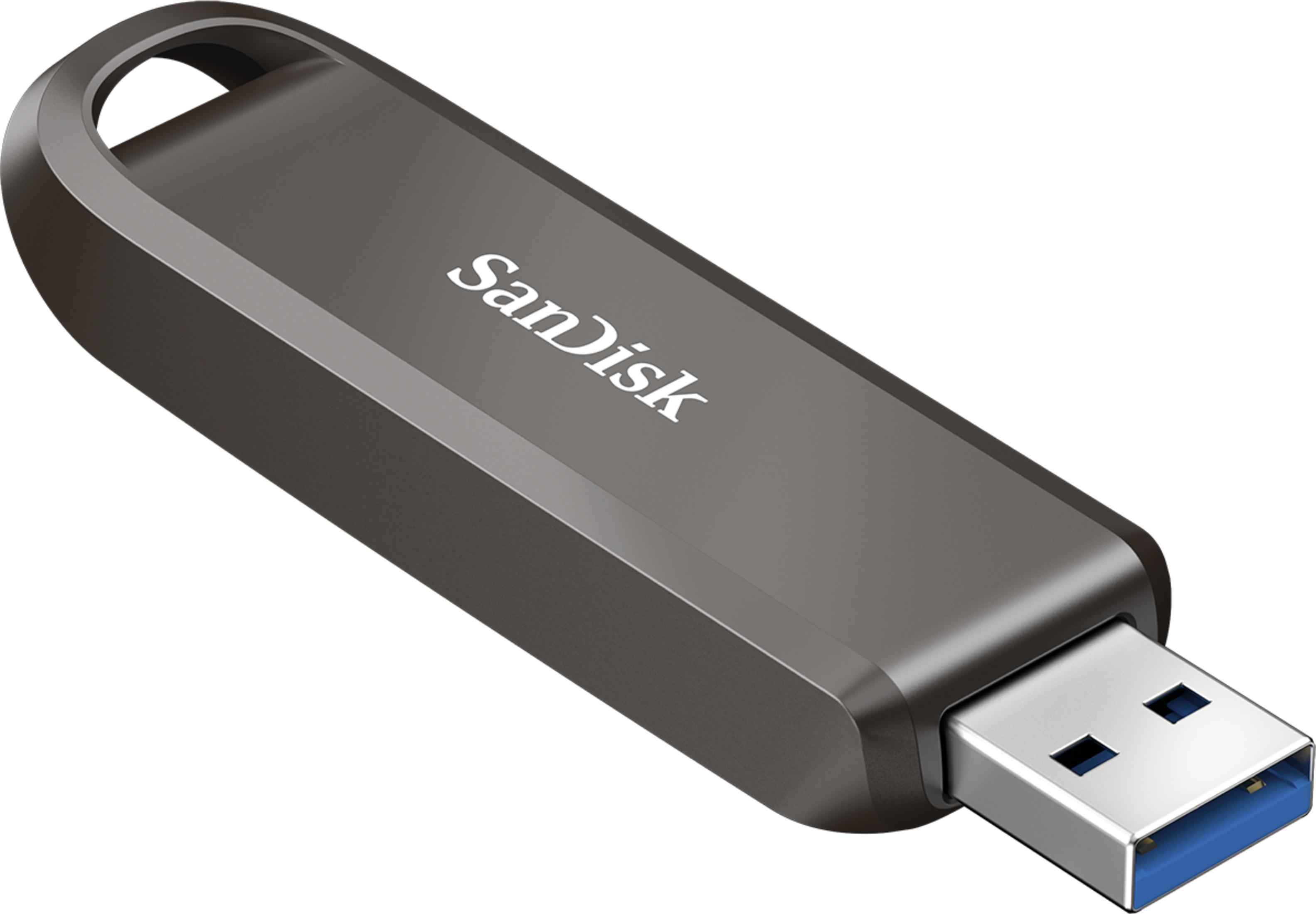 Un'unità USB SanDisk scura con connettore e anello argentati.