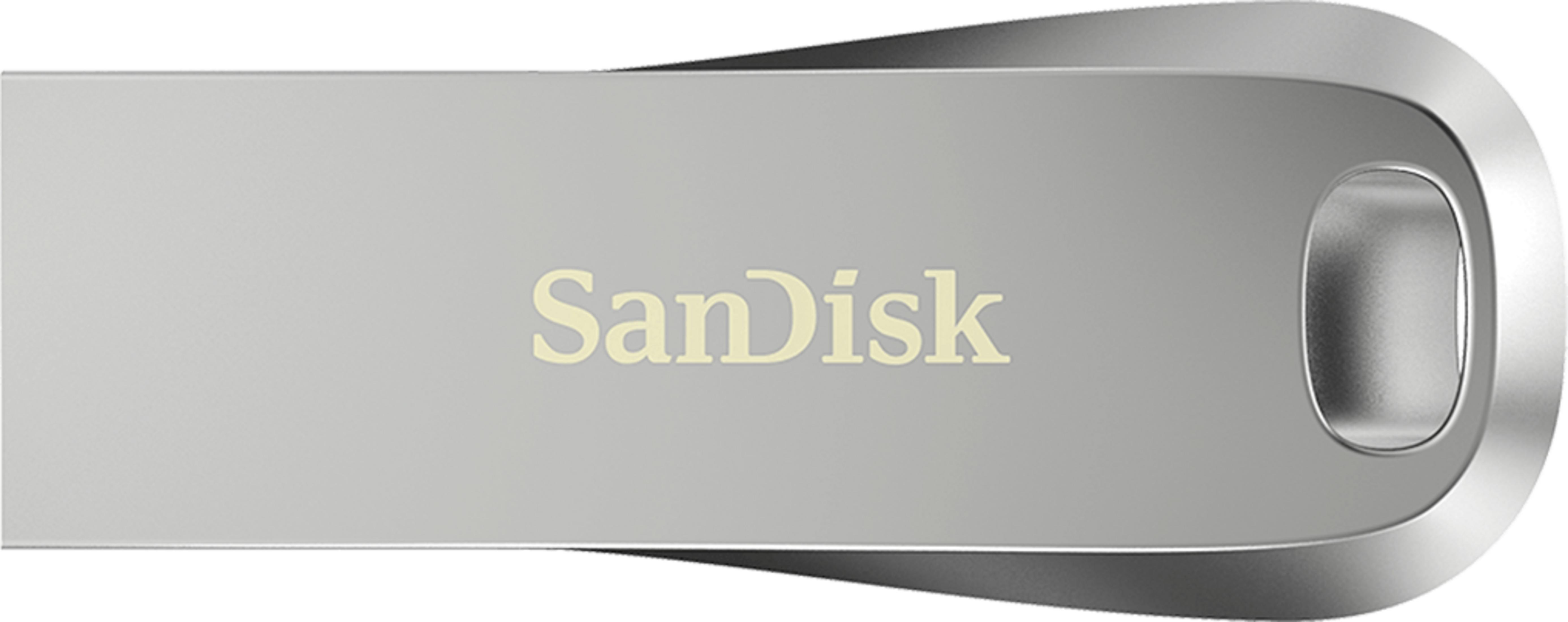 Un'unità USB argentata con il logo Sandisk dorato.