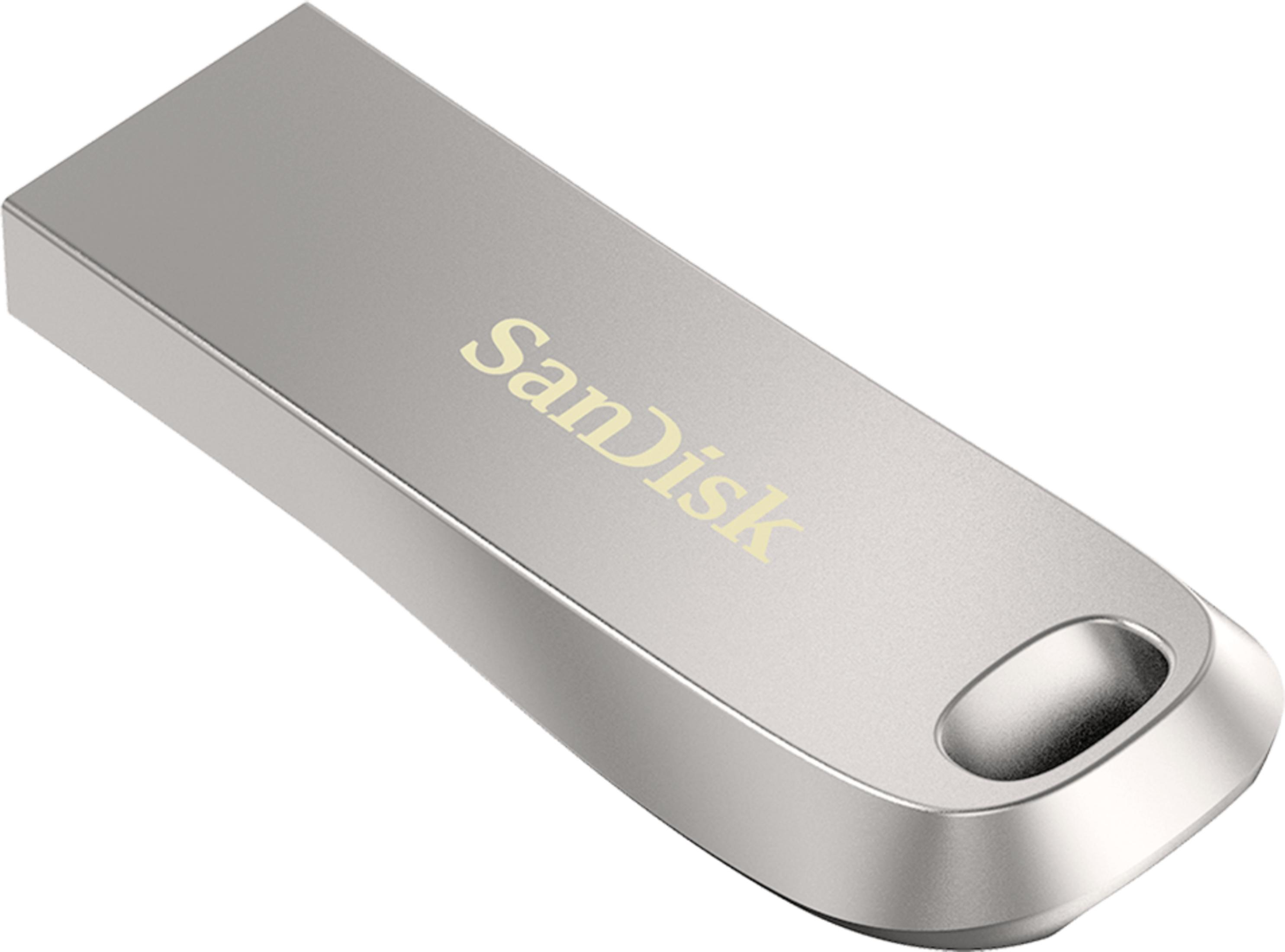 Un'unità USB SanDisk argentata con un foro all'estremità, su sfondo bianco.