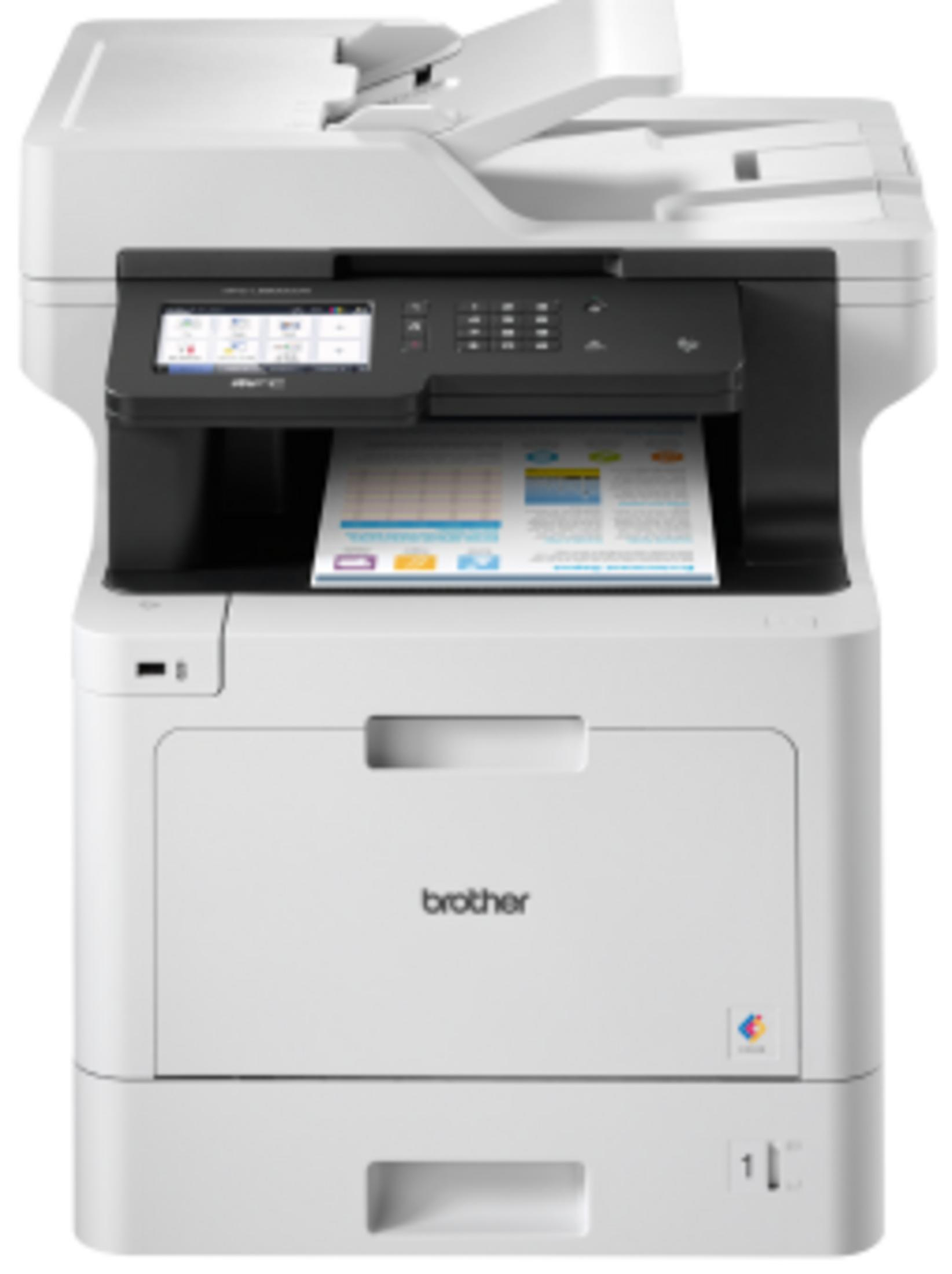 Una impresora Brother blanca con pantalla táctil y papel impreso.
