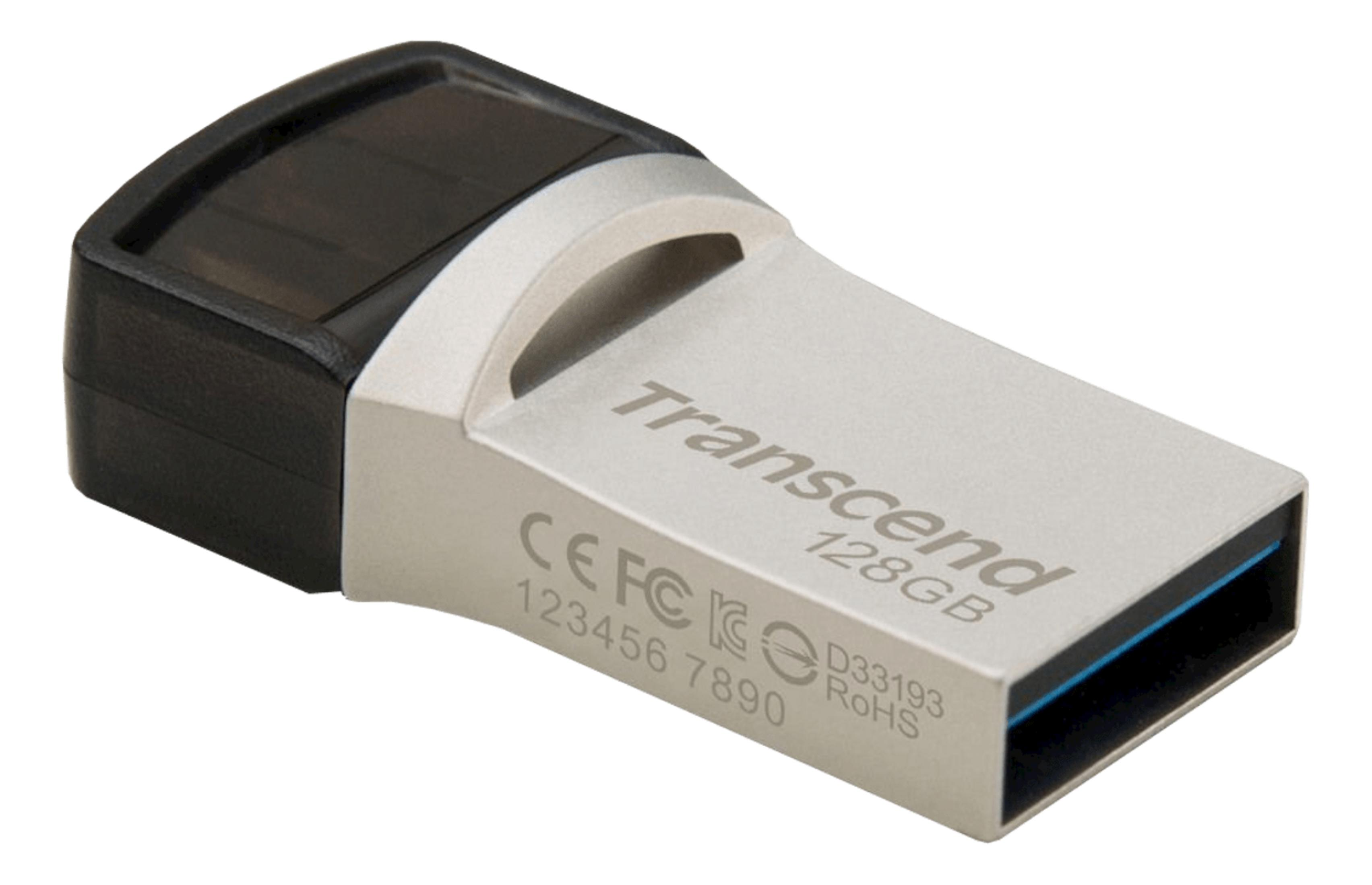 Srebrny pendrive Transcend 128 GB z czarną nasadką.