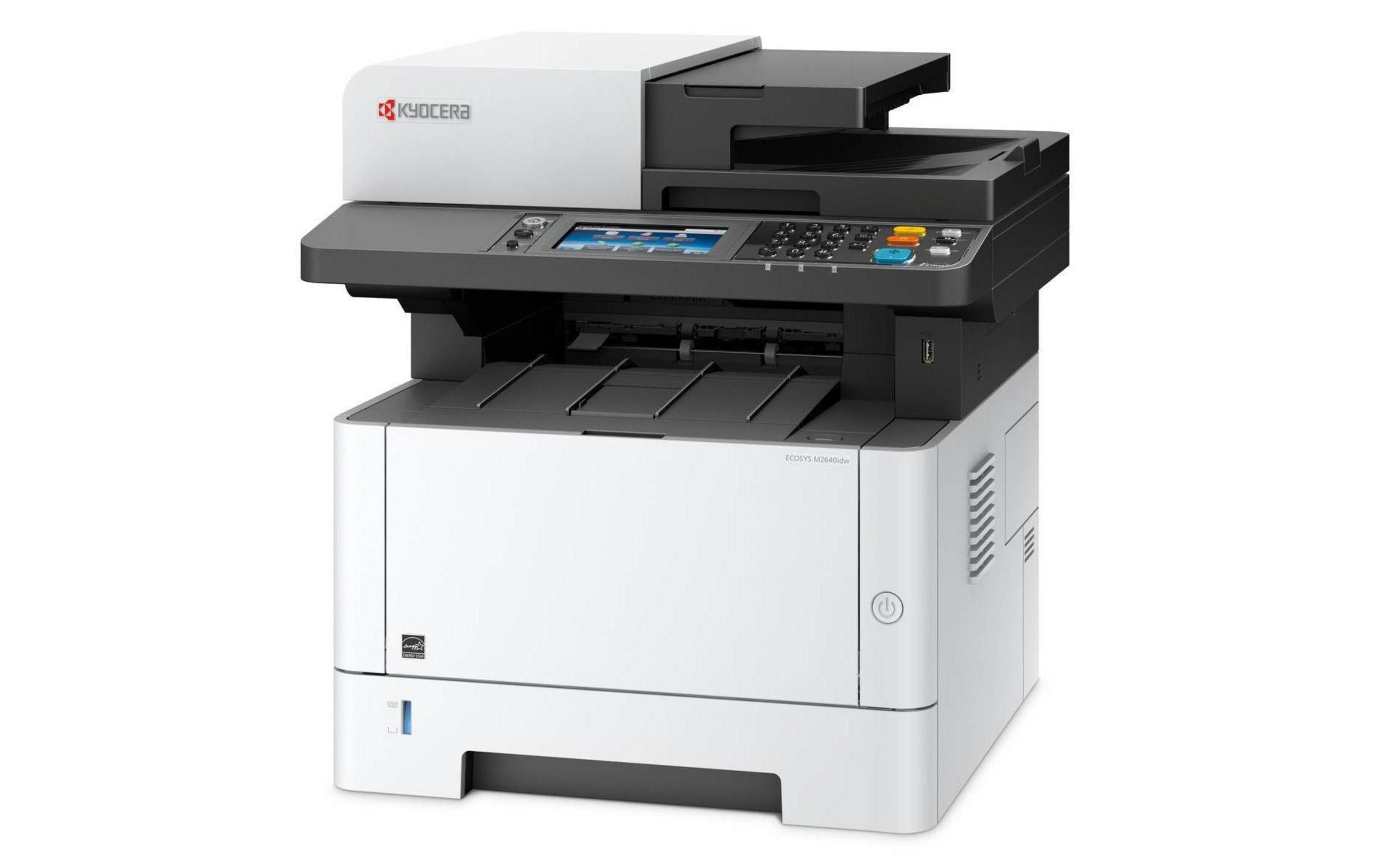 Una stampante multifunzione Kyocera ECOSYS M2640idw su sfondo bianco.