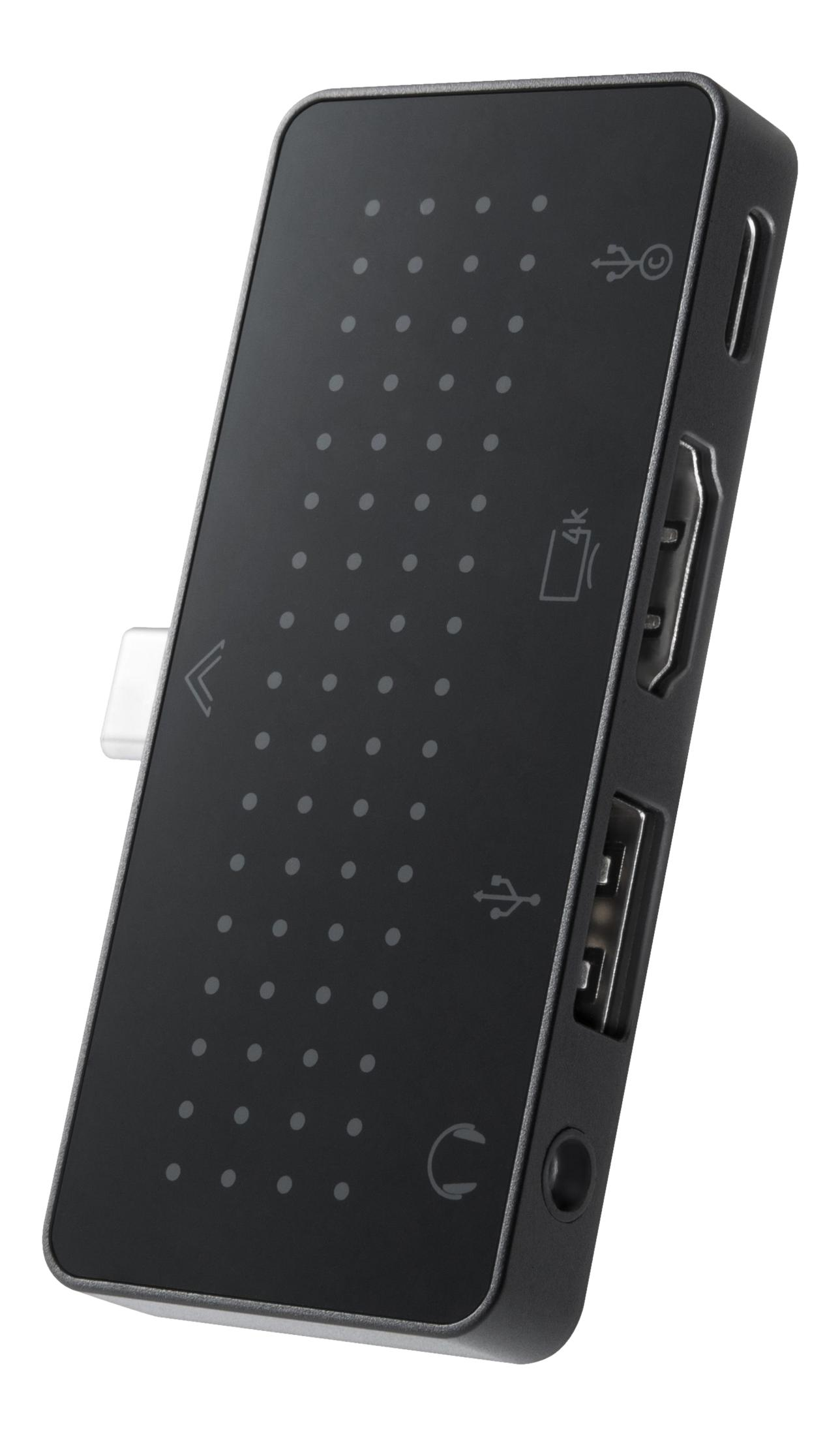 Hub USB-C nero con porte HDMI, USB-A e jack per cuffie.