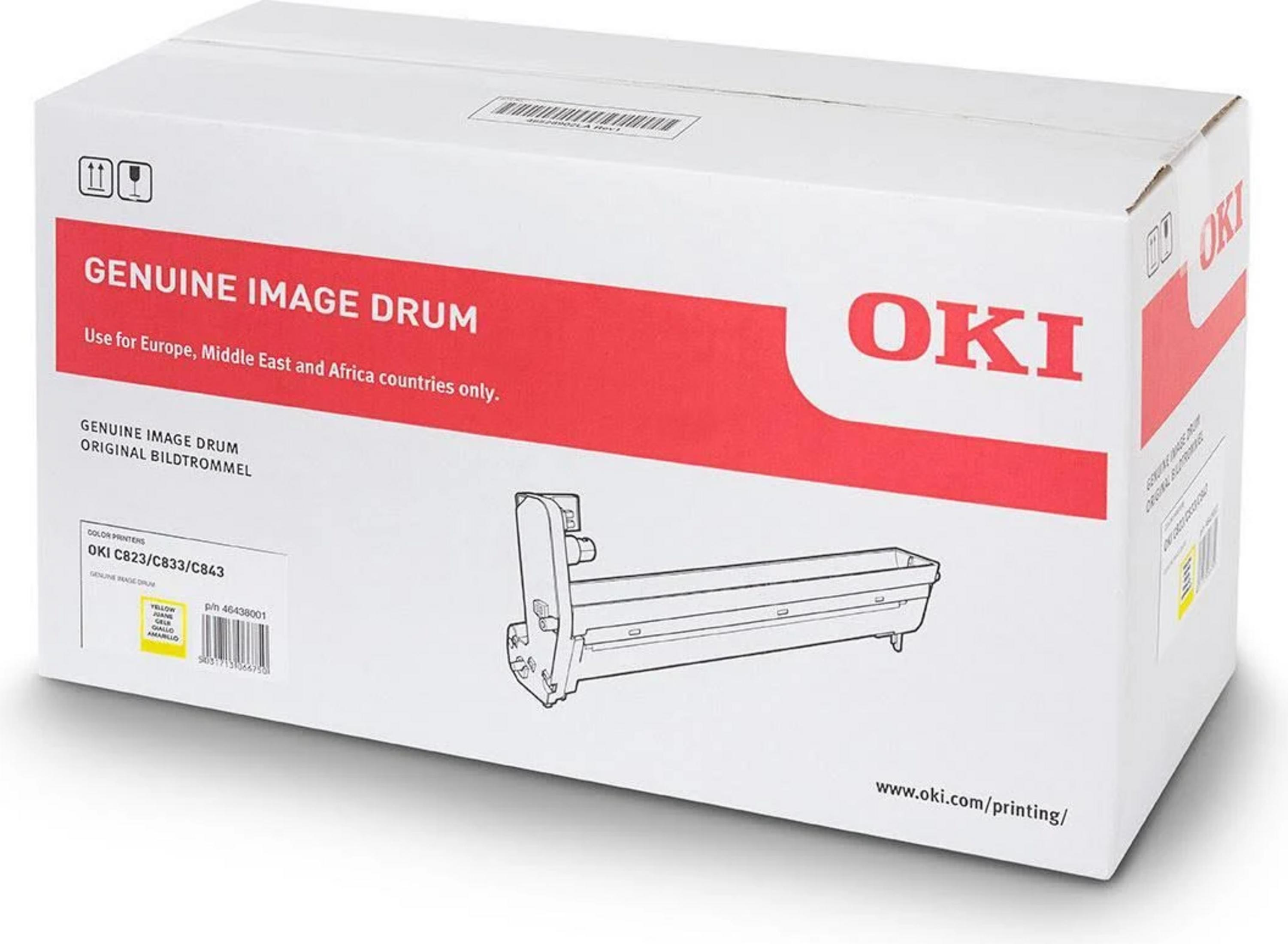 Weiße OKI-Box mit rotem Streifen, zeigt einen Bildtrommel-Aufdruck.
