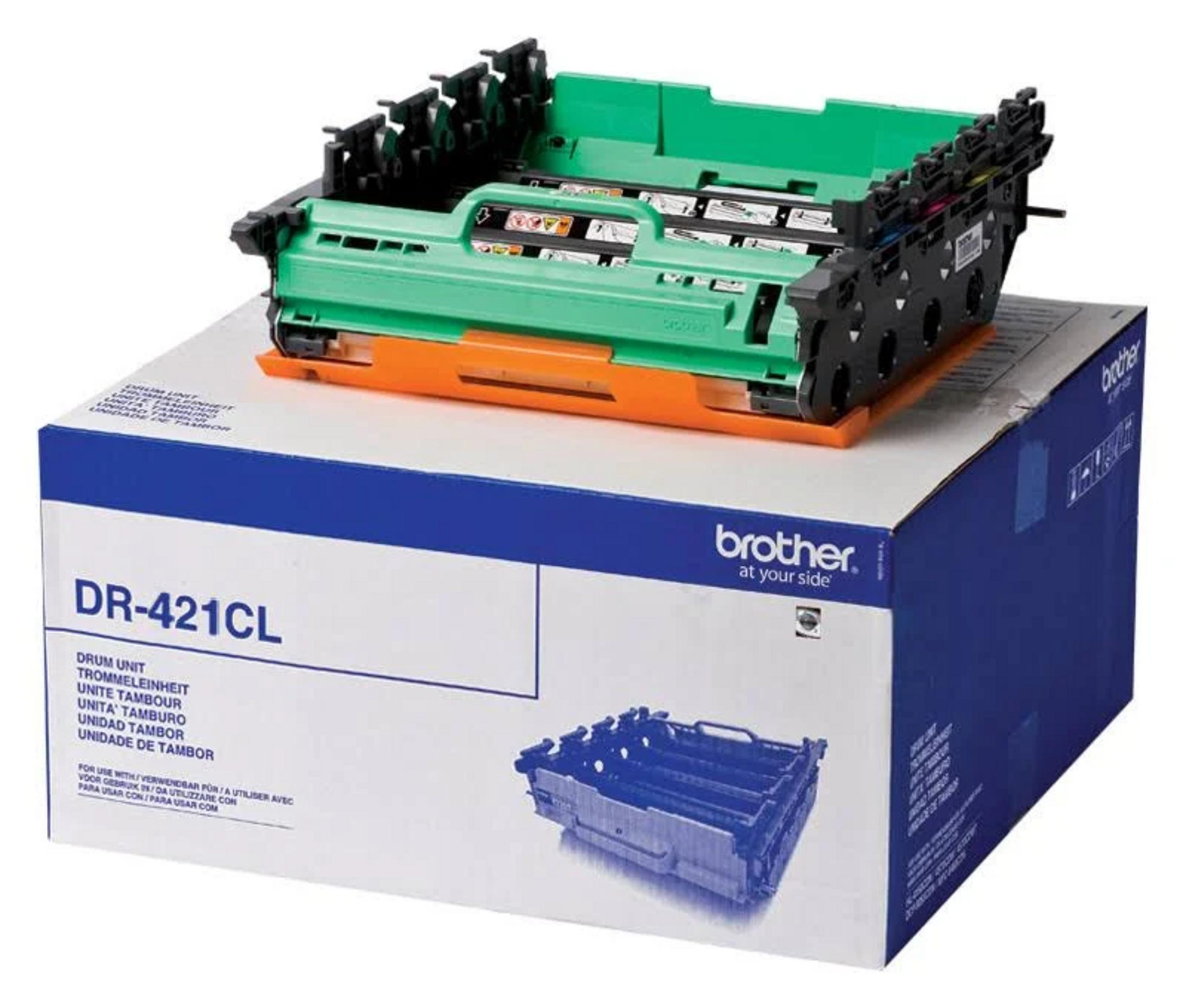 Zielony moduł bębna Brother DR-421CL stoi na pudełku.