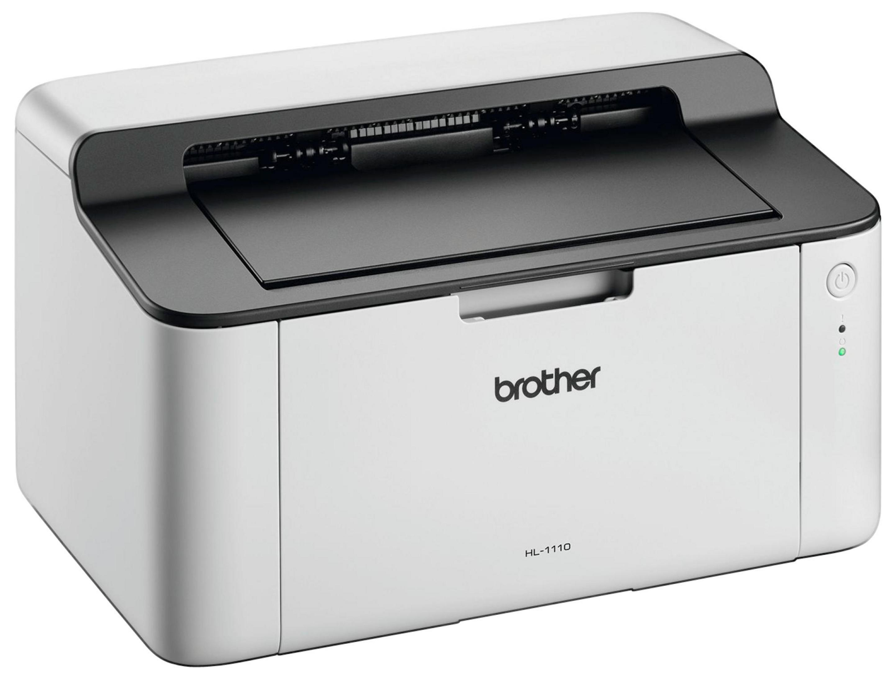 Biała drukarka laserowa Brother HL-1110 z czarnym elementem.
