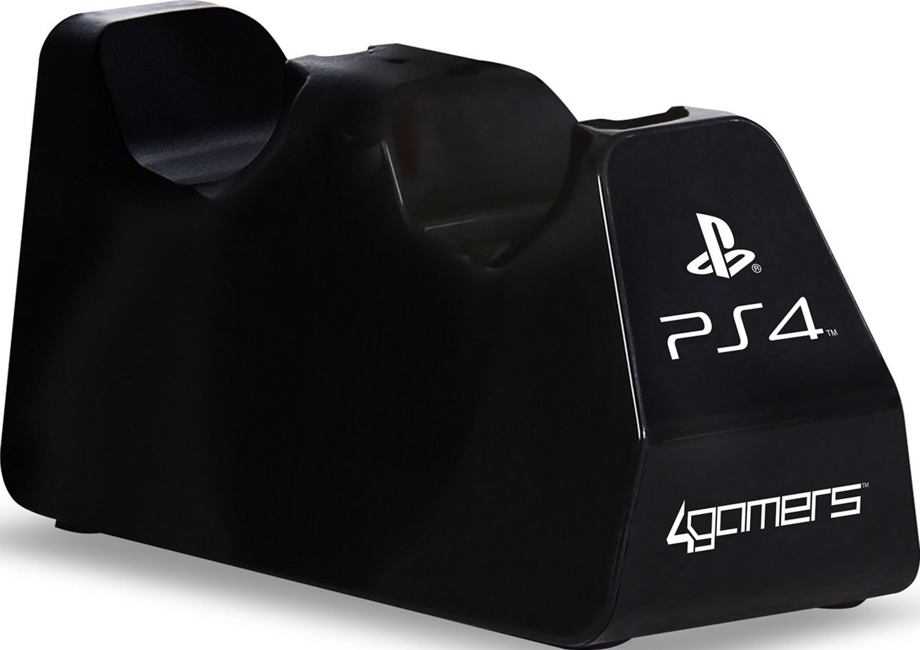 Schwarzer PS4 Controller-Ladeständer mit PlayStation- und 4gamers-Logo.