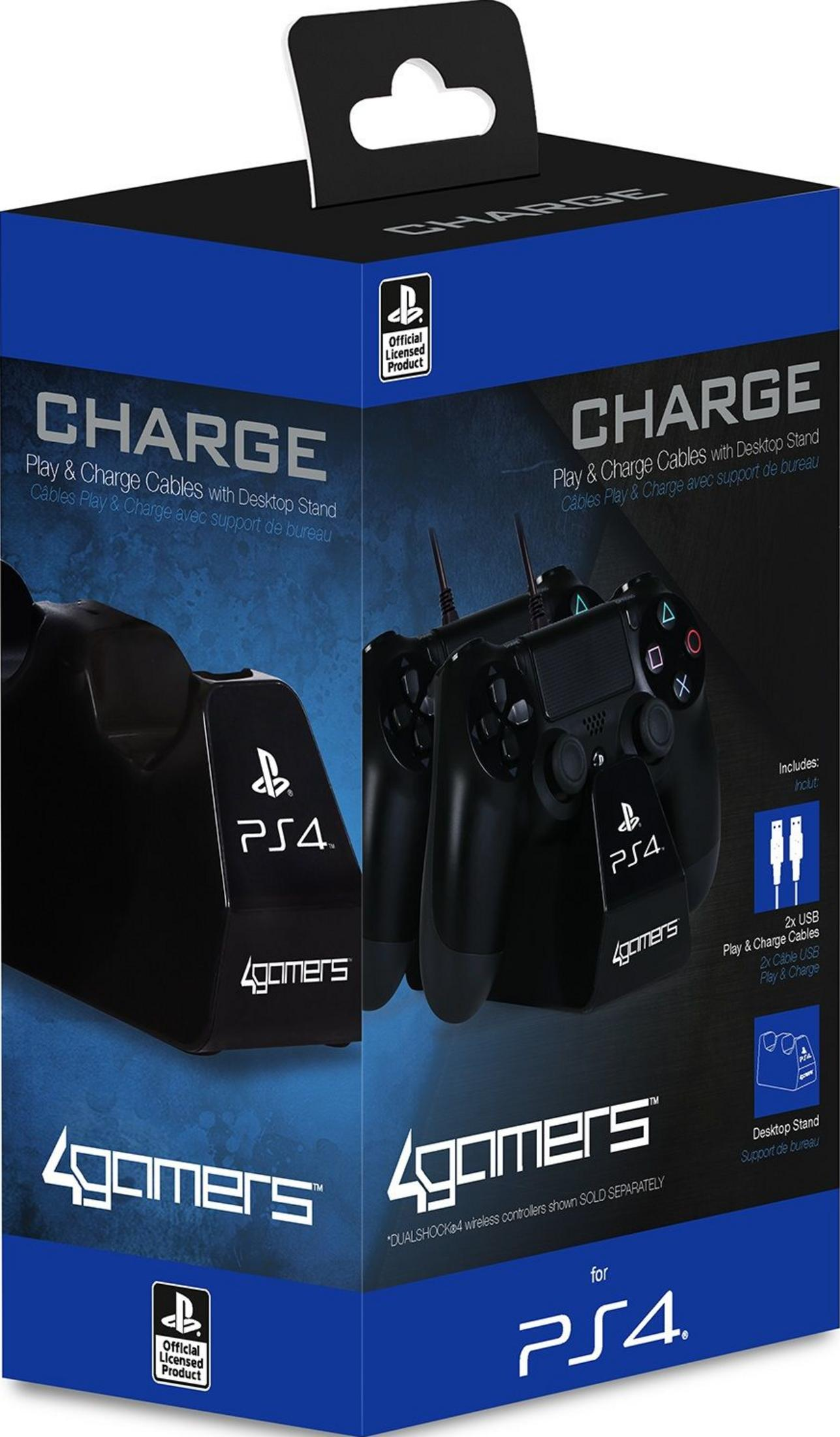 Verpackung für PS4 Ladestation mit zwei Controllern und USB-Kabeln.