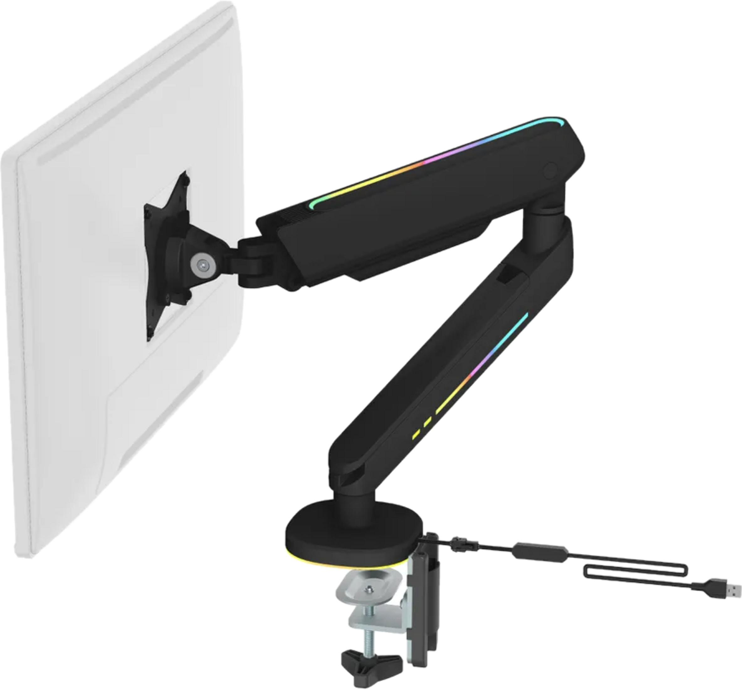 Brazo de monitor negro con iluminación RGB sujeto a una abrazadera de escritorio.