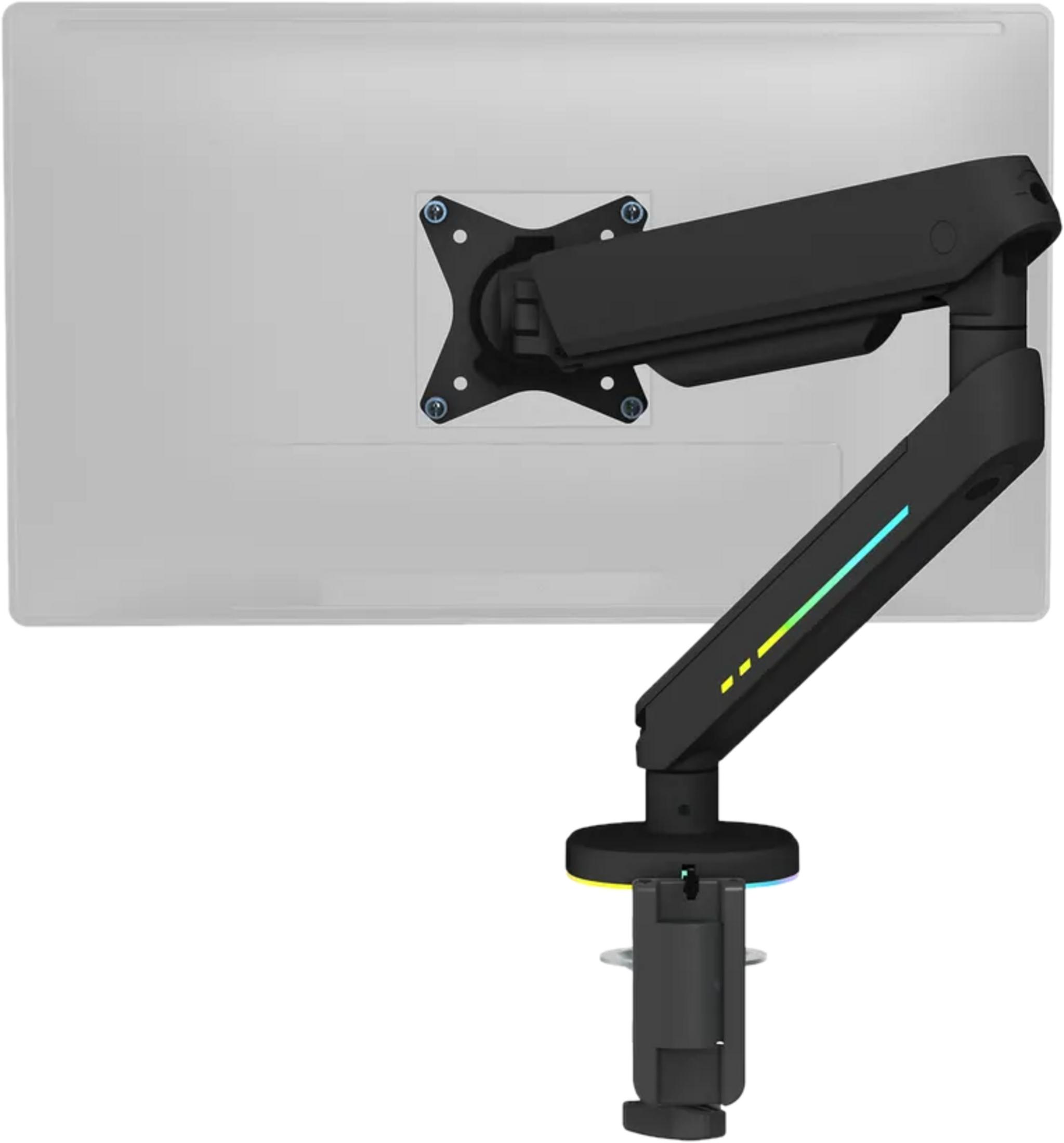Un brazo de monitor negro con acentos brillantes está unido a un monitor gris claro.