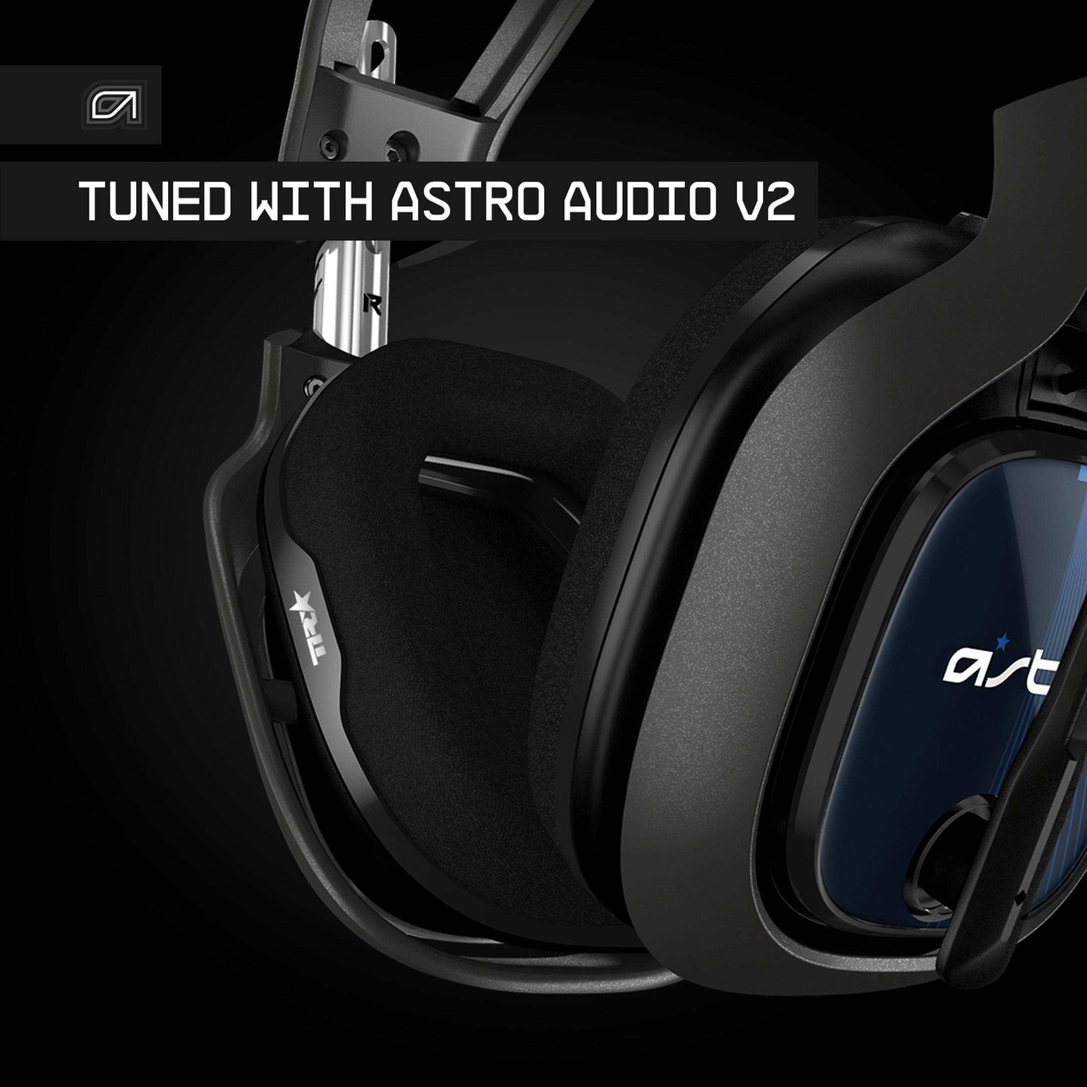 Schwarze Kopfhörer mit blauem Logo und Text 'Tuned with Astro Audio V2'.