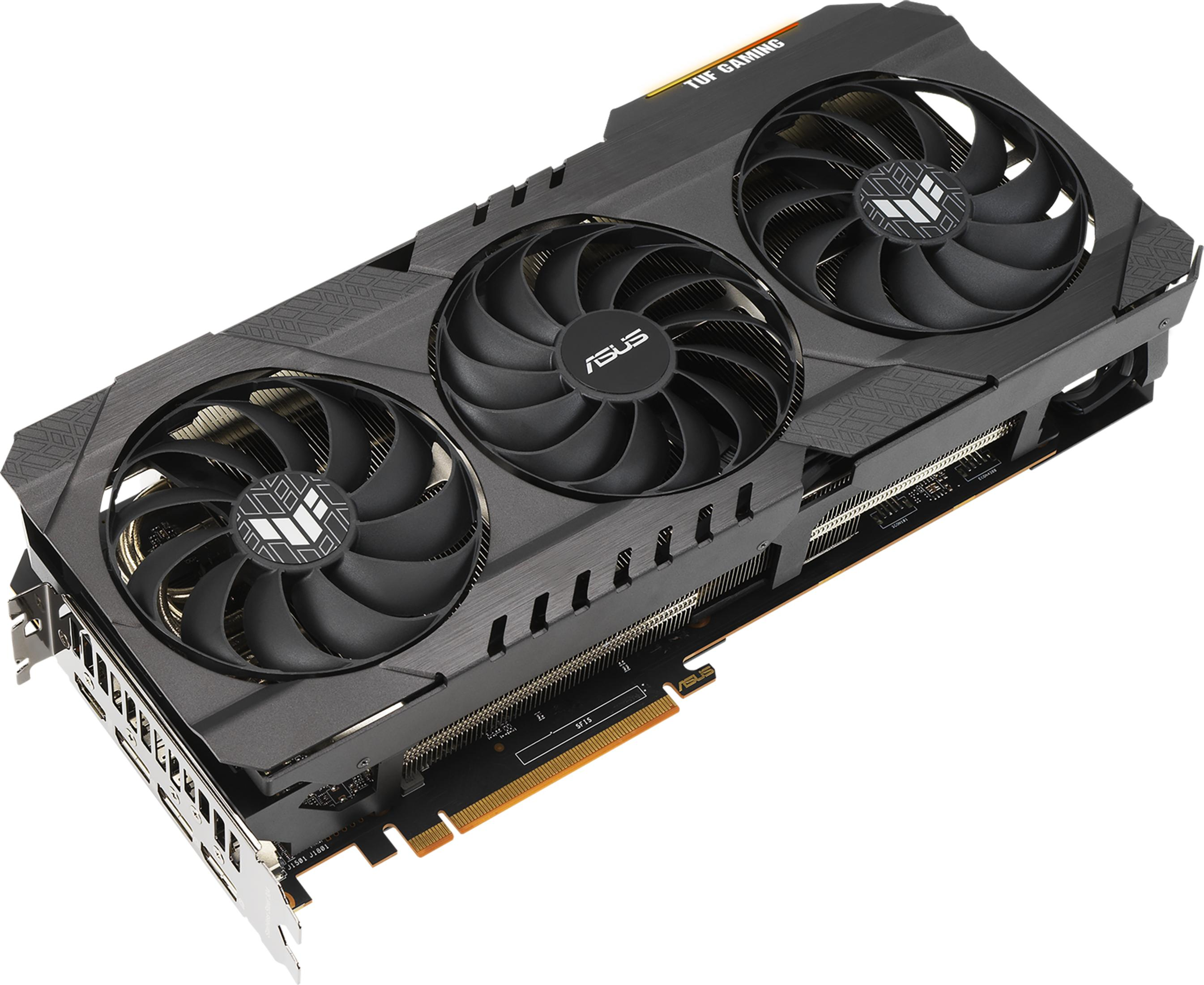 Scheda grafica nera con tre ventole e logo ASUS, scritta TUF GAMING.