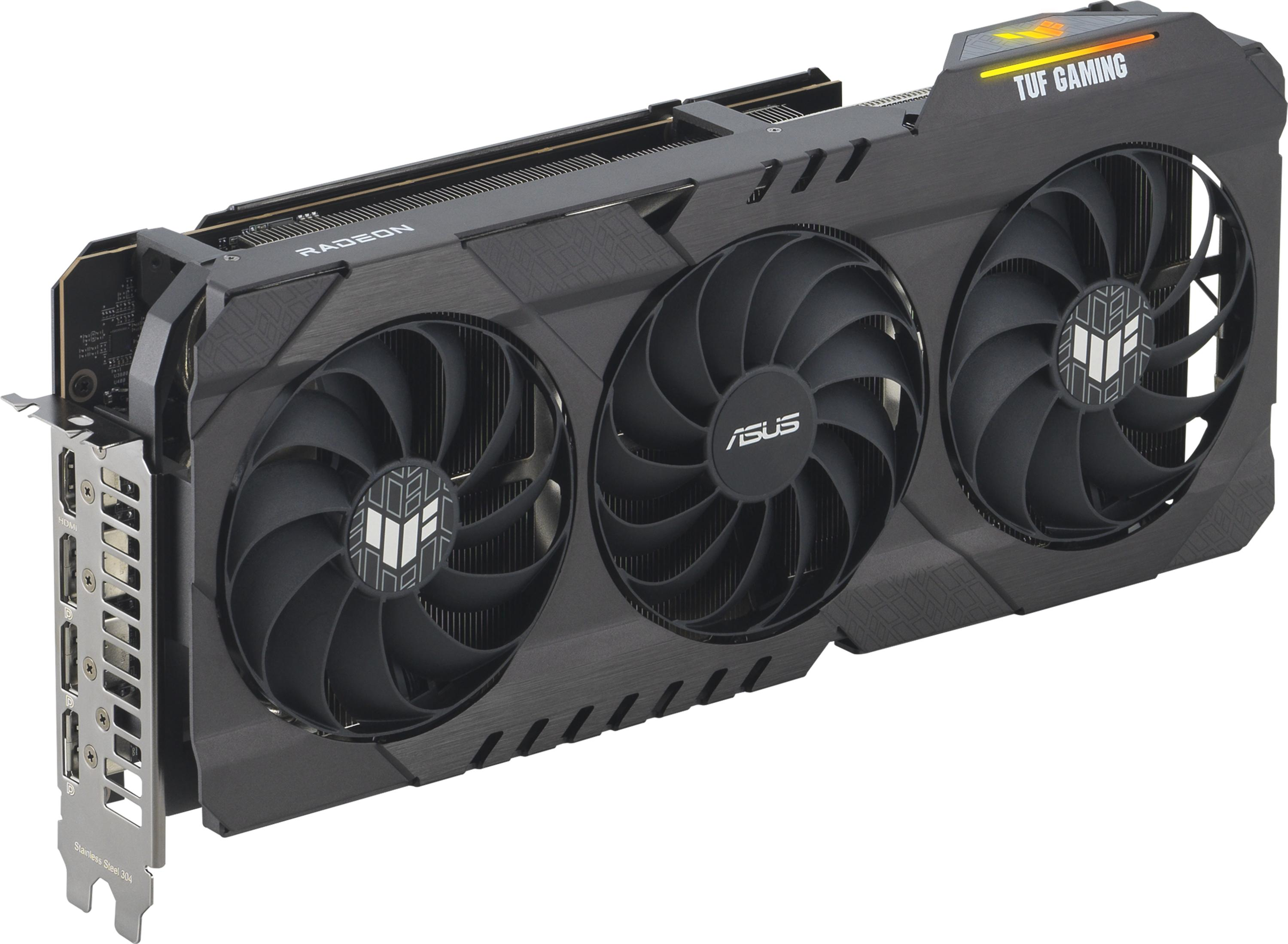 Scheda grafica nera con tre ventole, scritta Radeon e TUF GAMING.