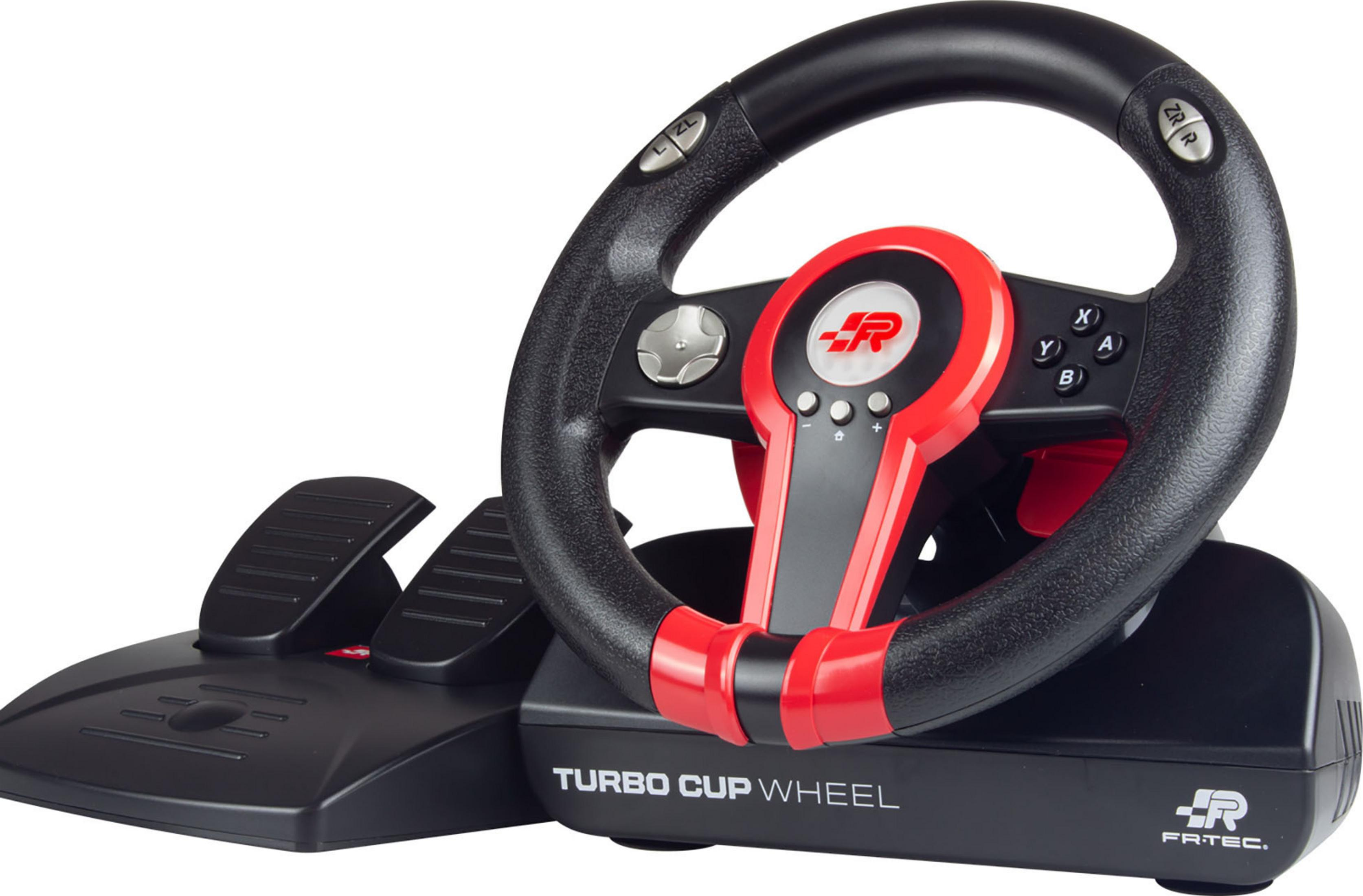 Volante de juego negro con acentos rojos y pedales.