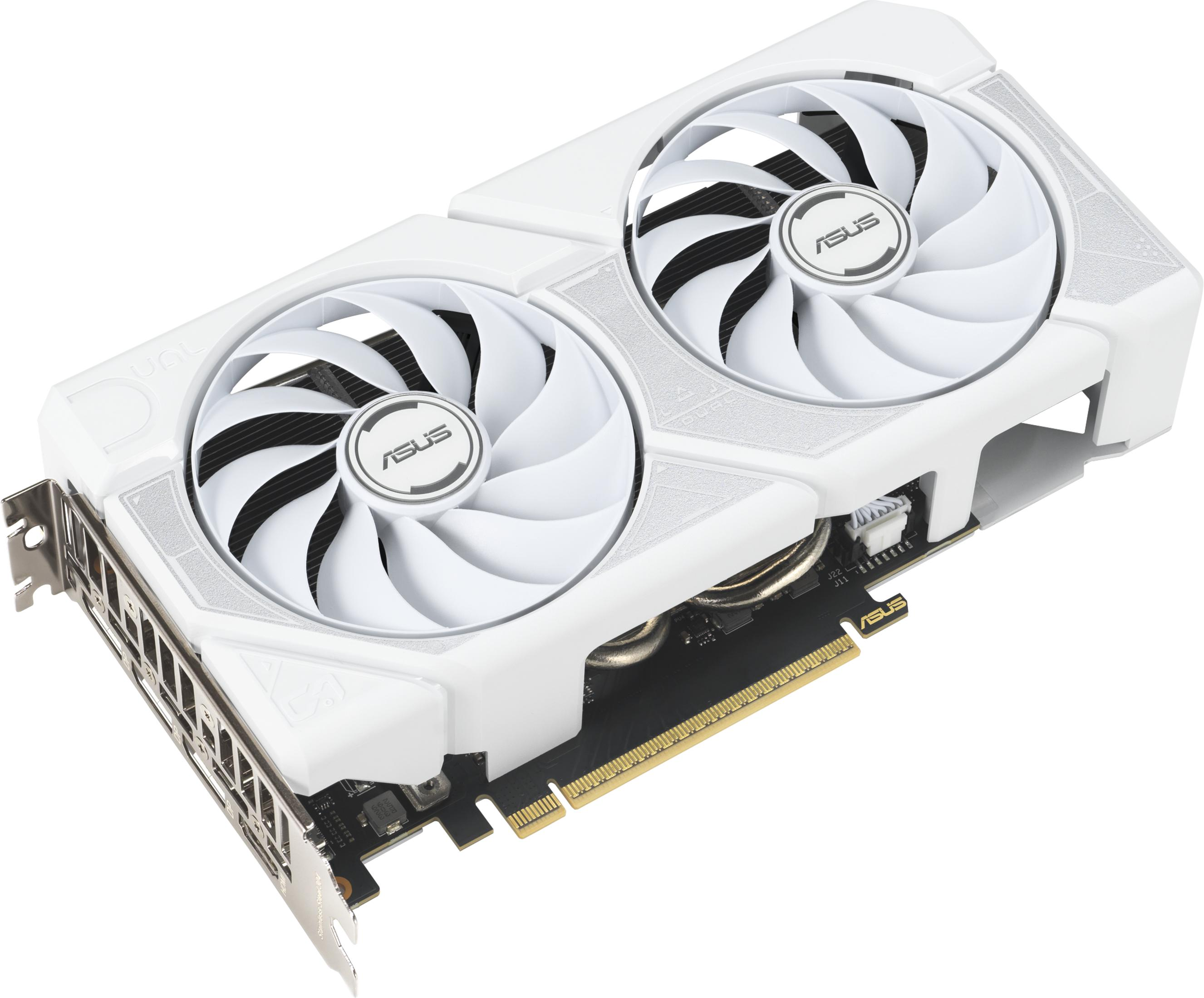 A white graphics card featuring two fans and an ASUS logo.