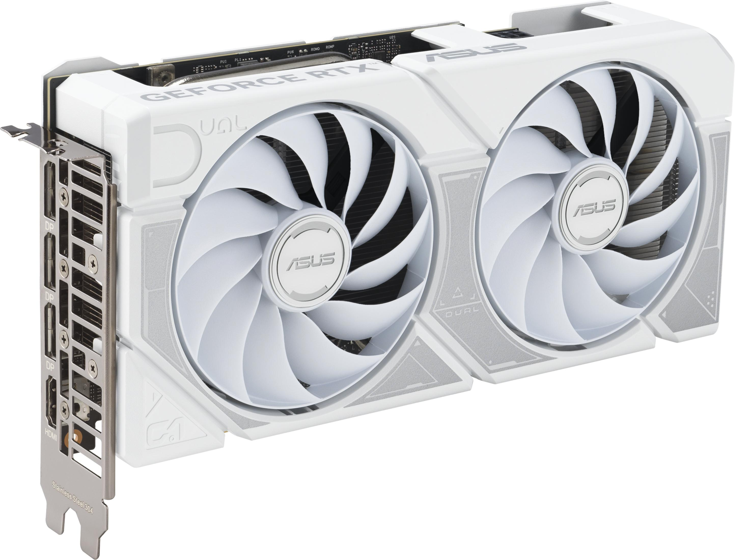 White ASUS graphics card with two fans and a port bracket with DP and HDMI.