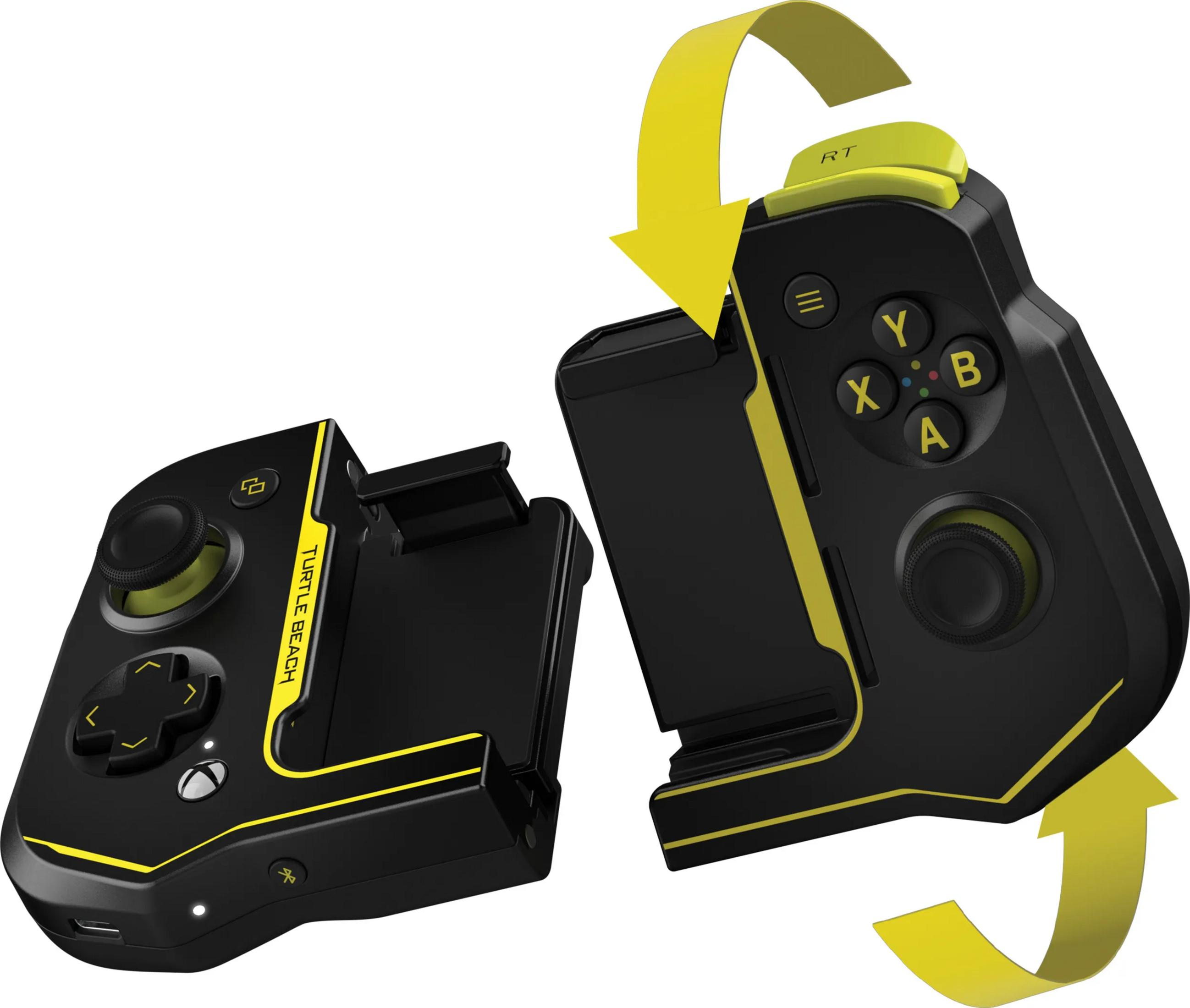 Zwei schwarze Gamecontroller mit gelben Akzenten und Pfeilen, die Bewegung anzeigen.