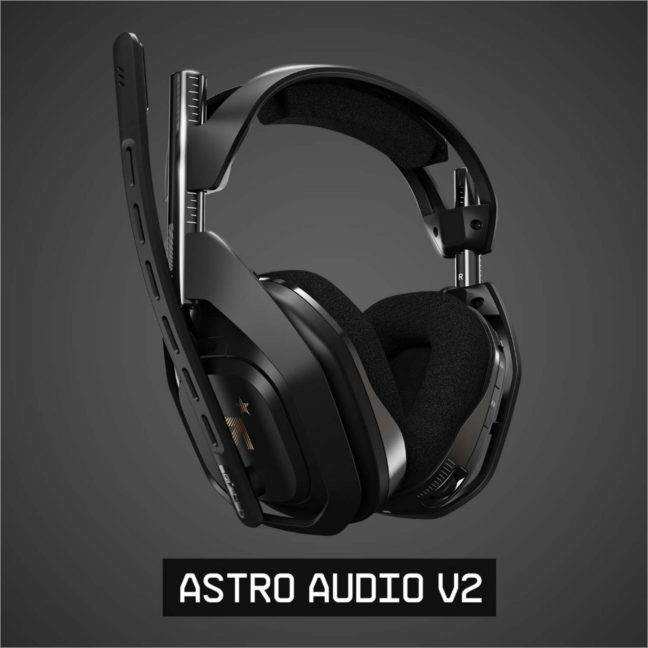 Czarne słuchawki Astro Audio V2 z mikrofonem na szarym tle.
