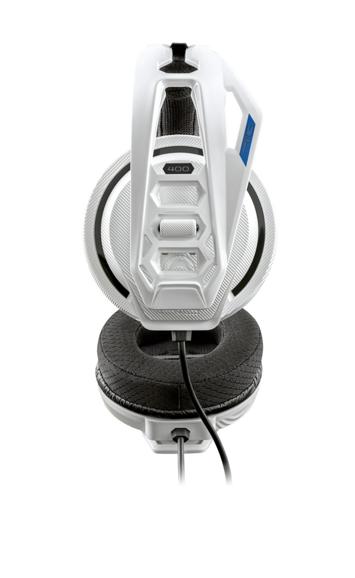 Un headset bianco da gioco con padiglioni neri e cavo nero.