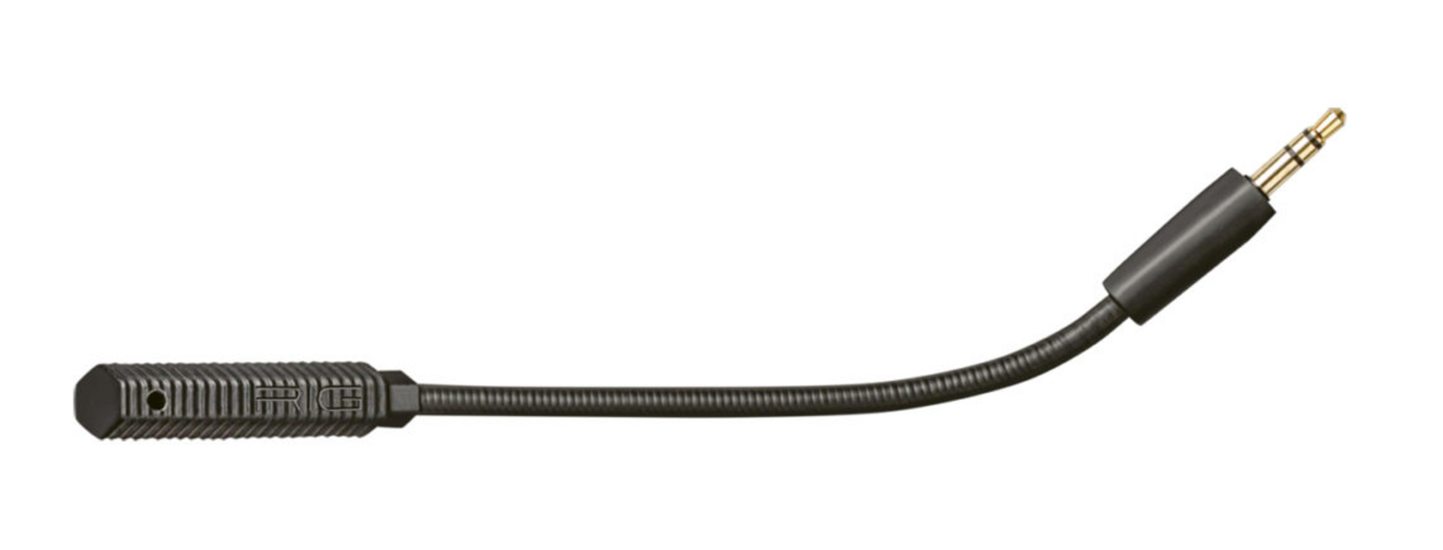 Un cavo audio nero da 3,5 mm con collo d'oca flessibile e connettore placcato oro.