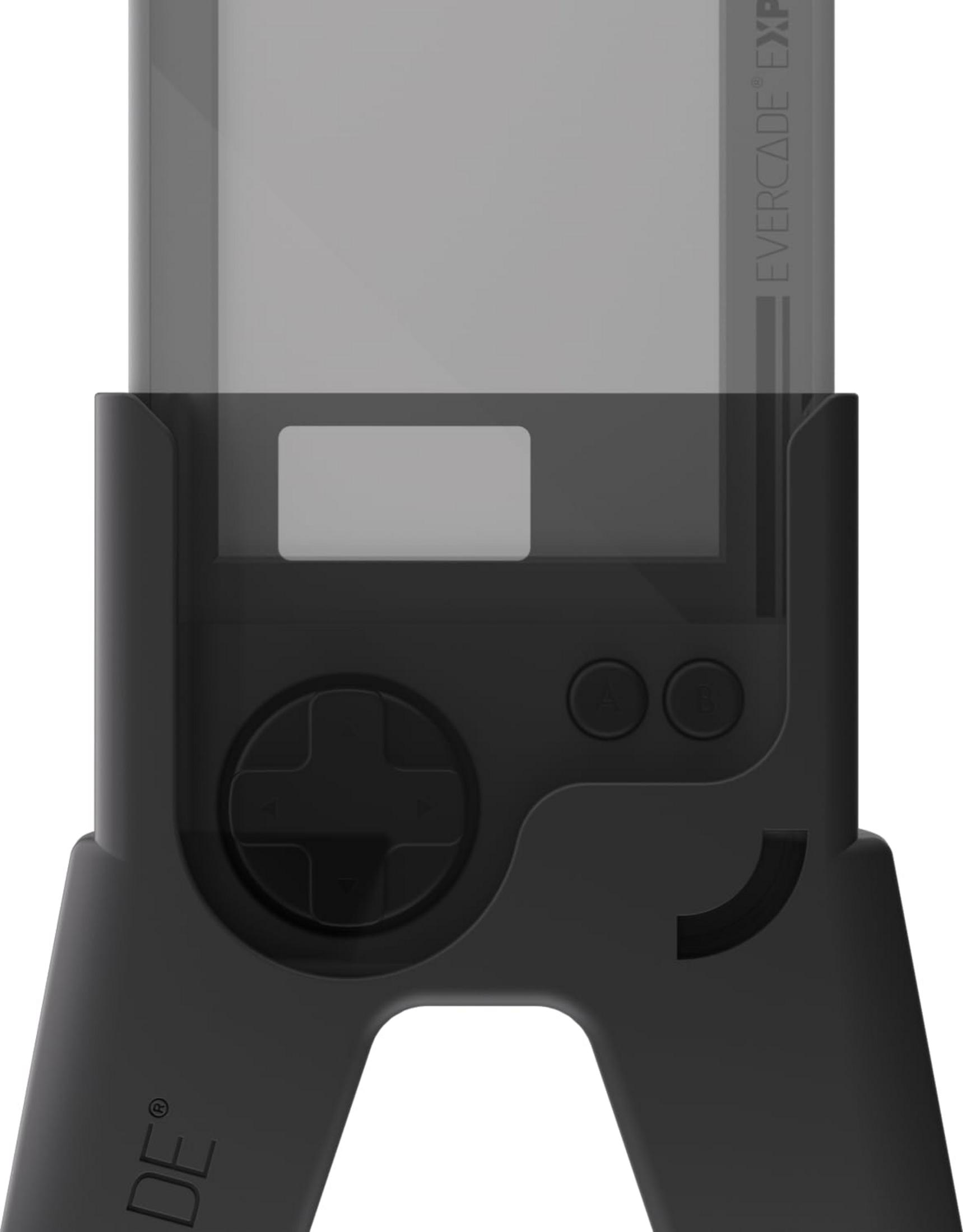Controlador de consola de videojuegos portátil negro con pantalla y botones.