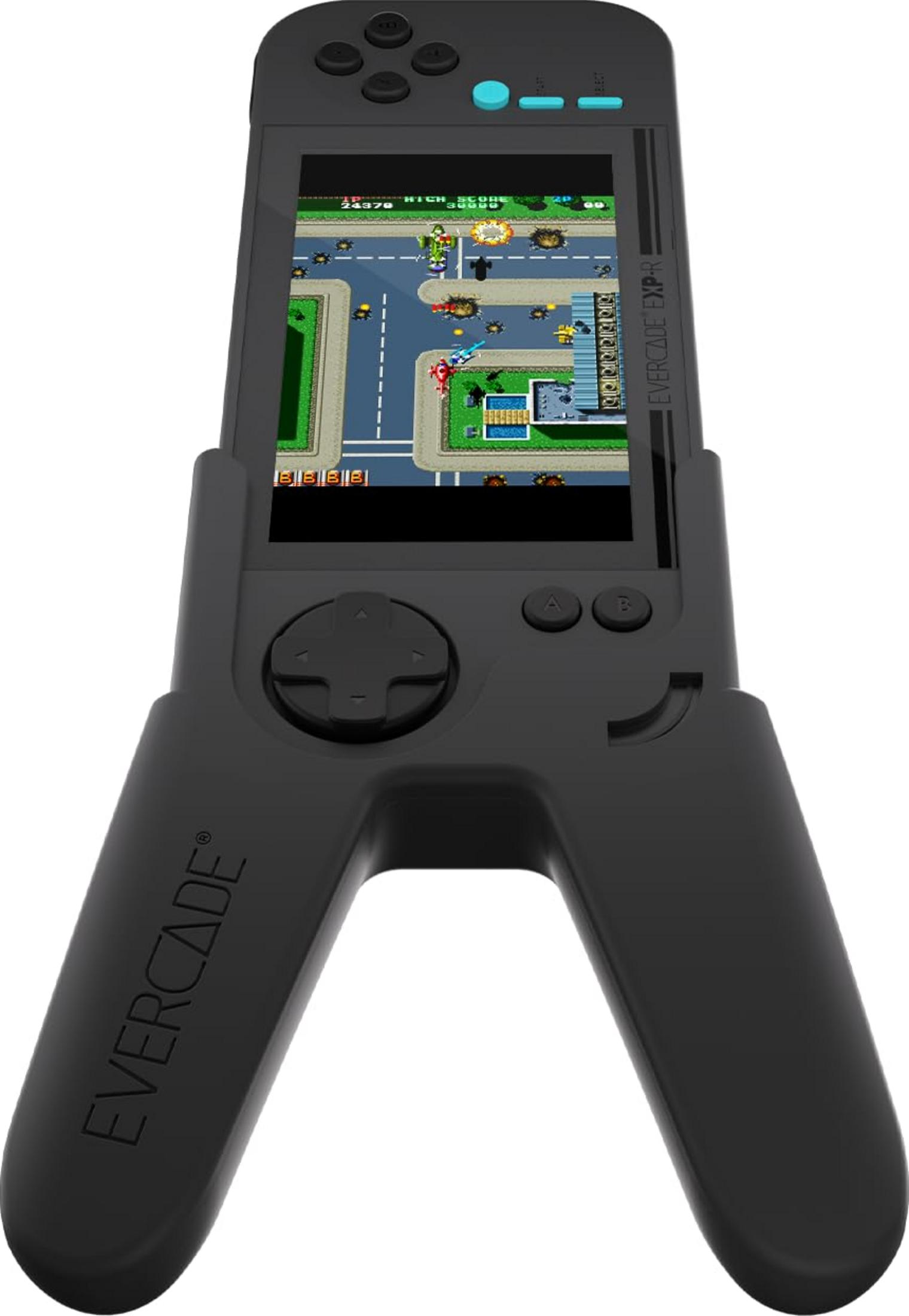 Consola de videojuegos portátil negra con pantalla de juego y controles.