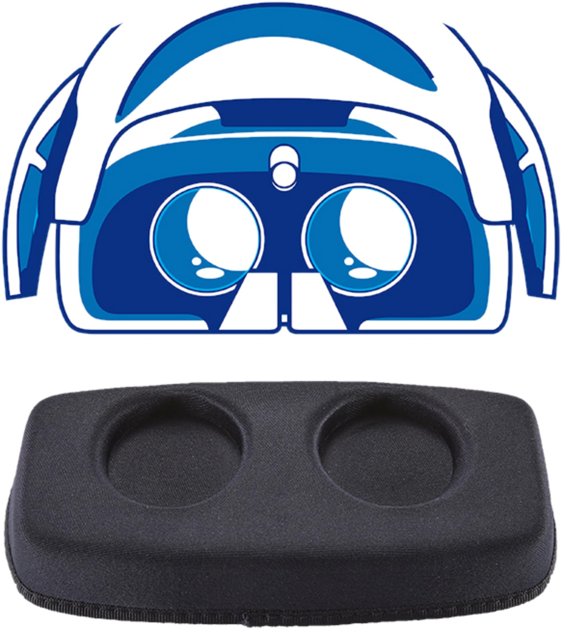 Visore VR cartone animato blu e bianco sopra un cuscino facciale in schiuma nera con due ritagli per gli occhi.