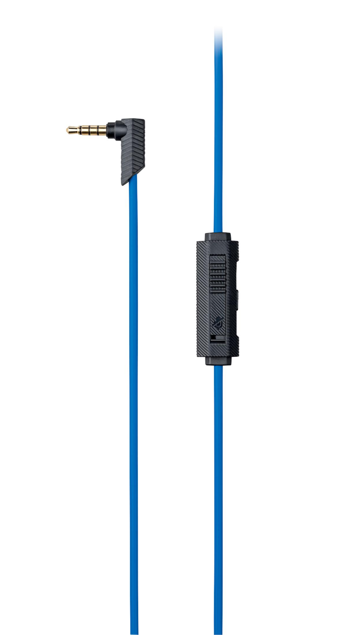 Un cavo blu con jack angolato da 3,5 mm e telecomando in linea.