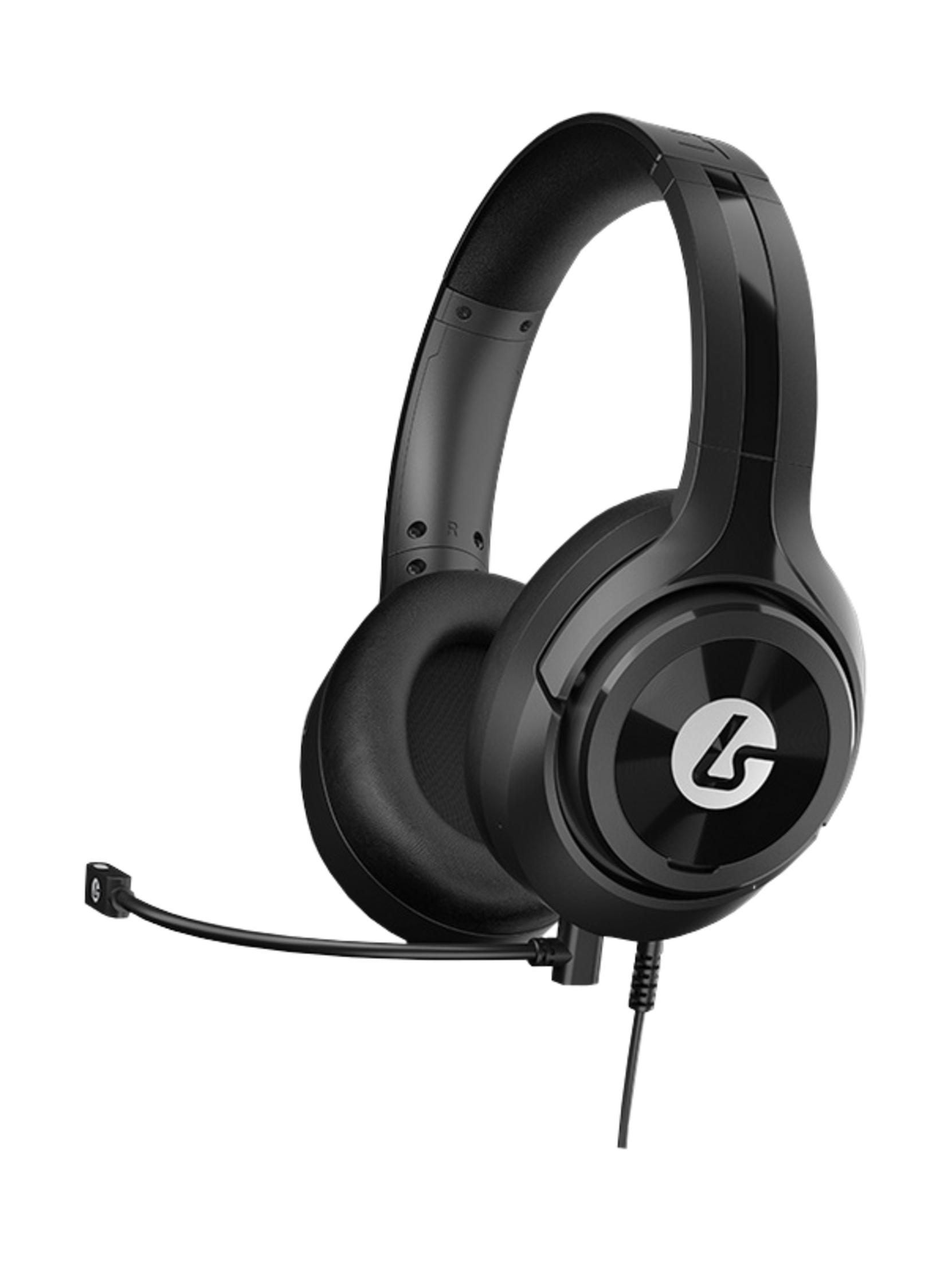 Cuffie da gaming nere con microfono e logo circolare sui padiglioni.