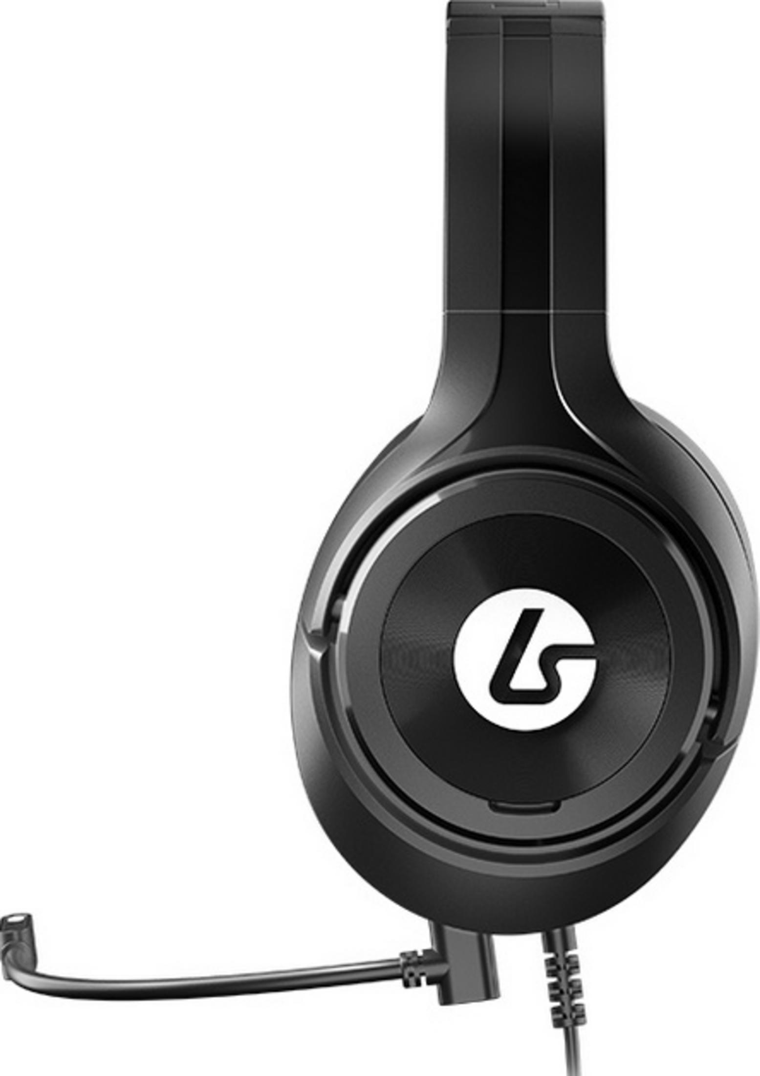 Cuffie nere over-ear con microfono e logo bianco sulla coppa dell'orecchio.