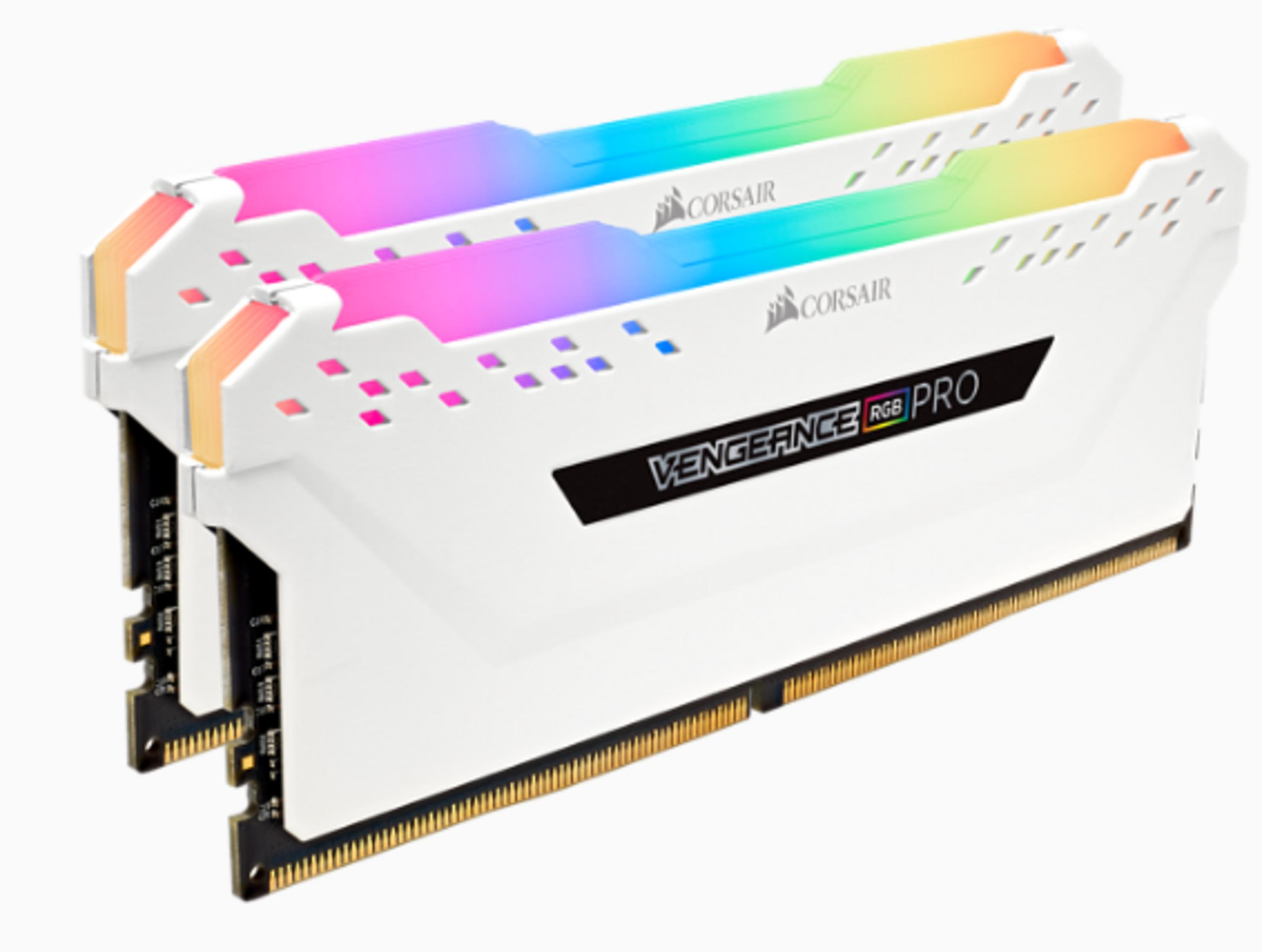 Dos módulos RAM Corsair Vengeance RGB Pro blancos con LEDs coloridos.